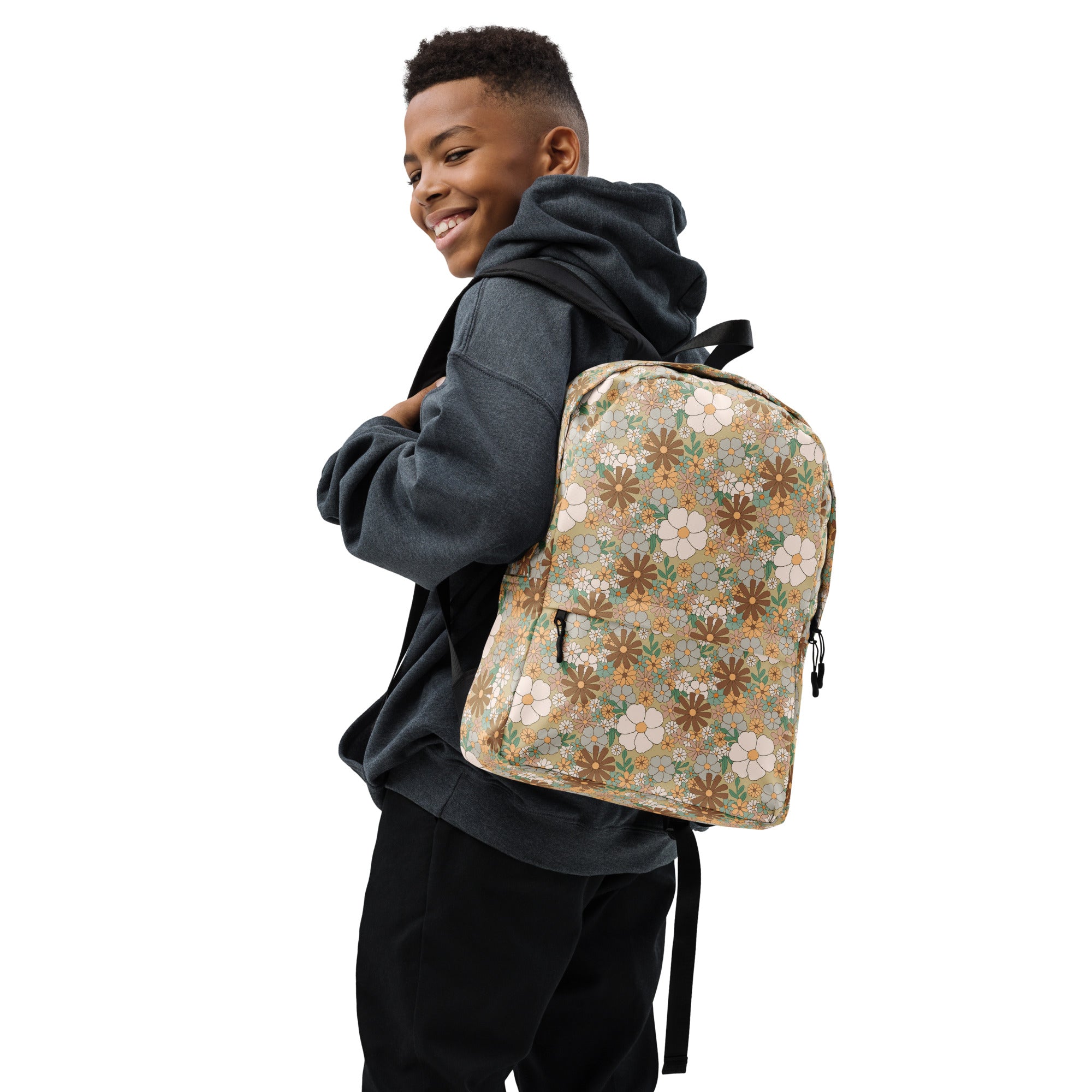 Aesthetic Groovy Brown Fall Flower Pattern Backpack