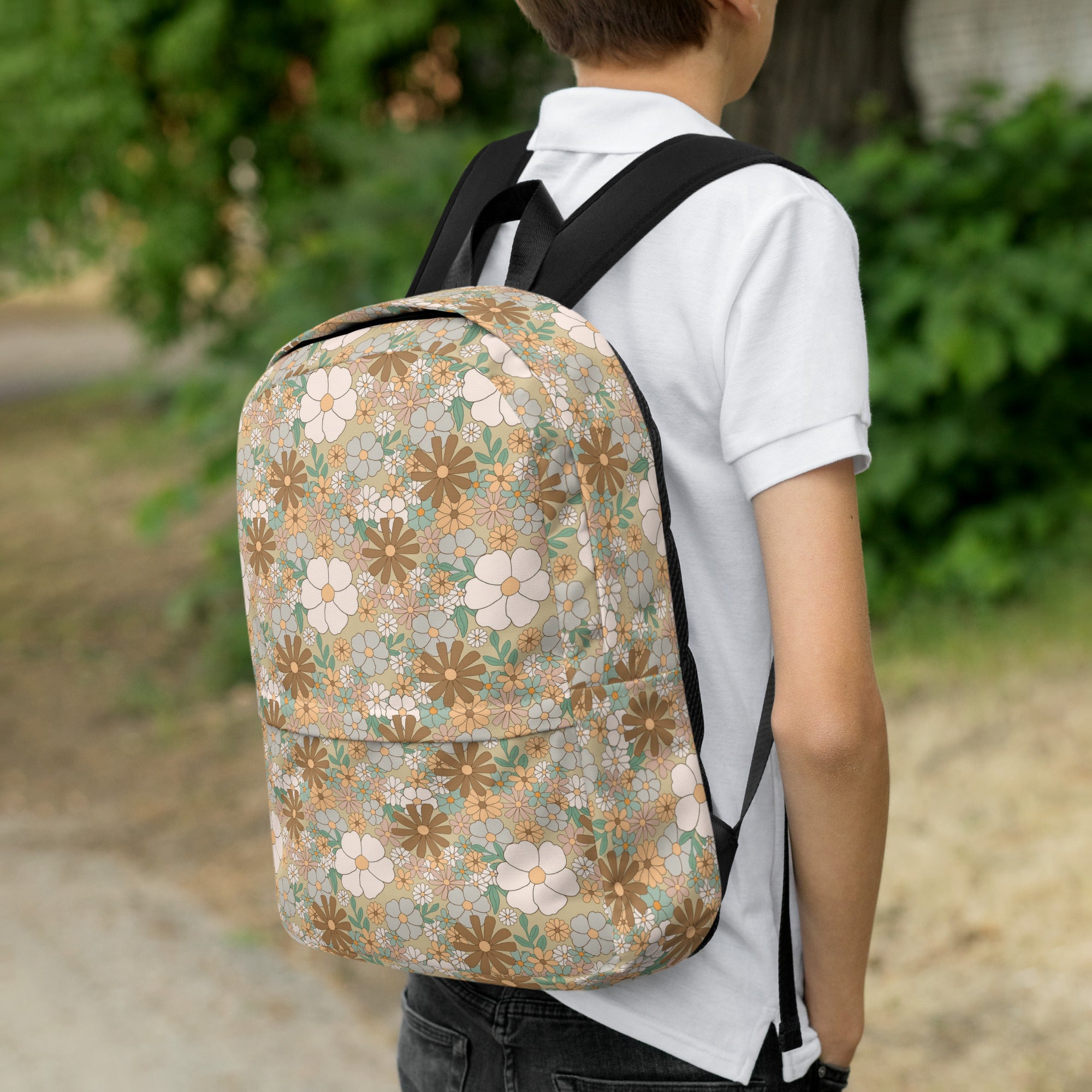 Aesthetic Groovy Brown Fall Flower Pattern Backpack