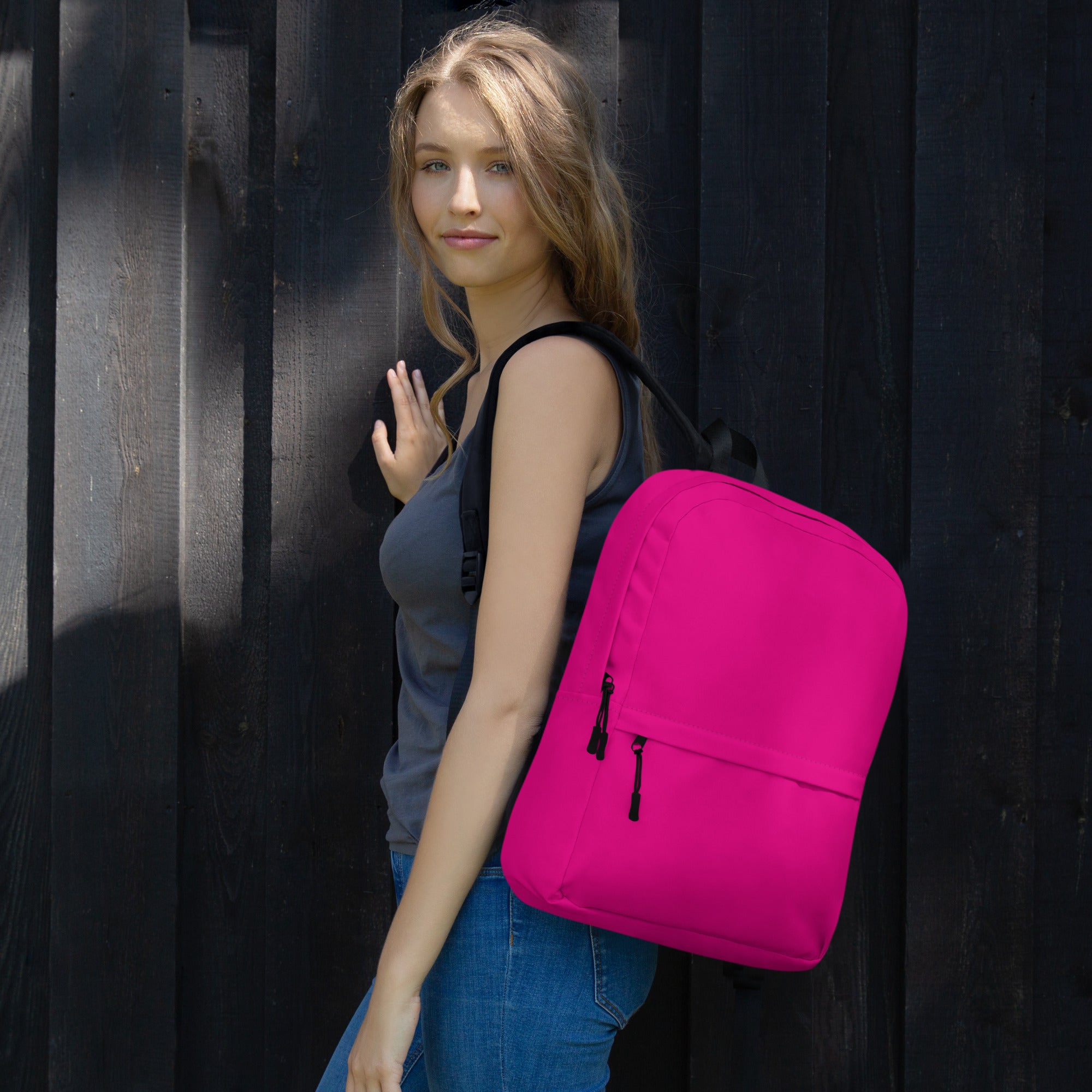 Preppy Shocking Pink Plain Waterproof Backpack for Women