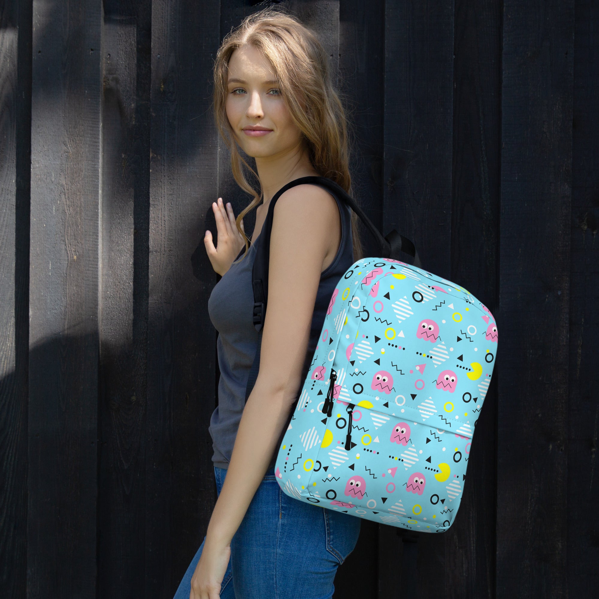 Preppy Vintage Blue Pacman & Ghosts Inspired Print Backpack