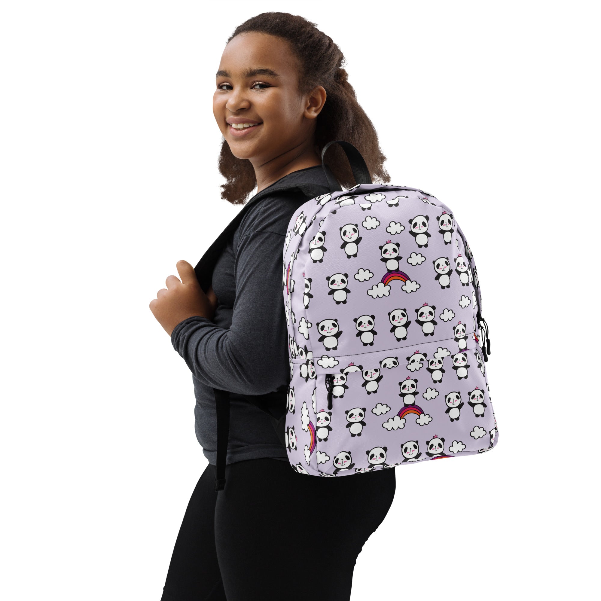 Preppy Purple Cute Little Pandas Print Medium Size Backpack Bag