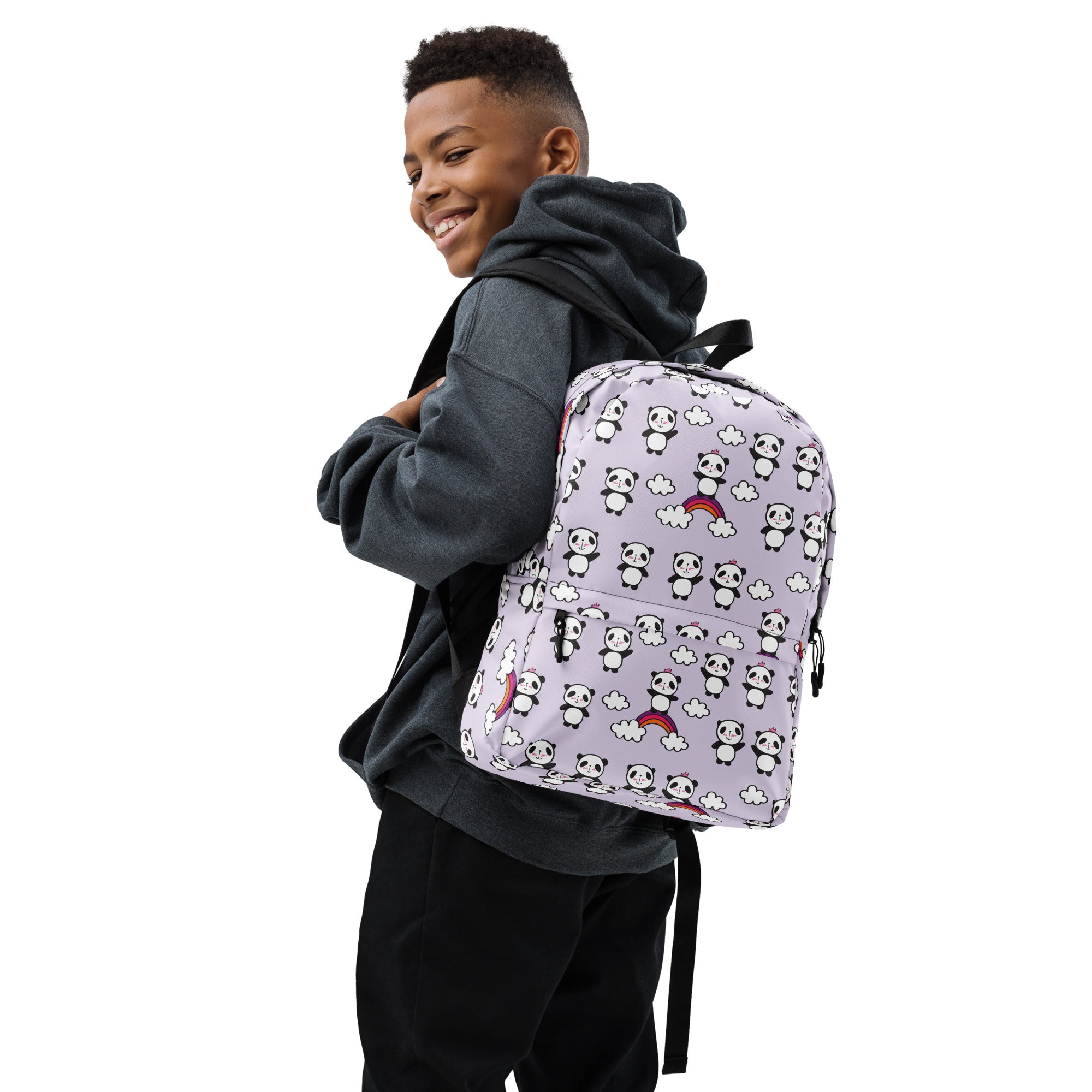 Preppy Purple Cute Little Pandas Print Medium Size Backpack Bag