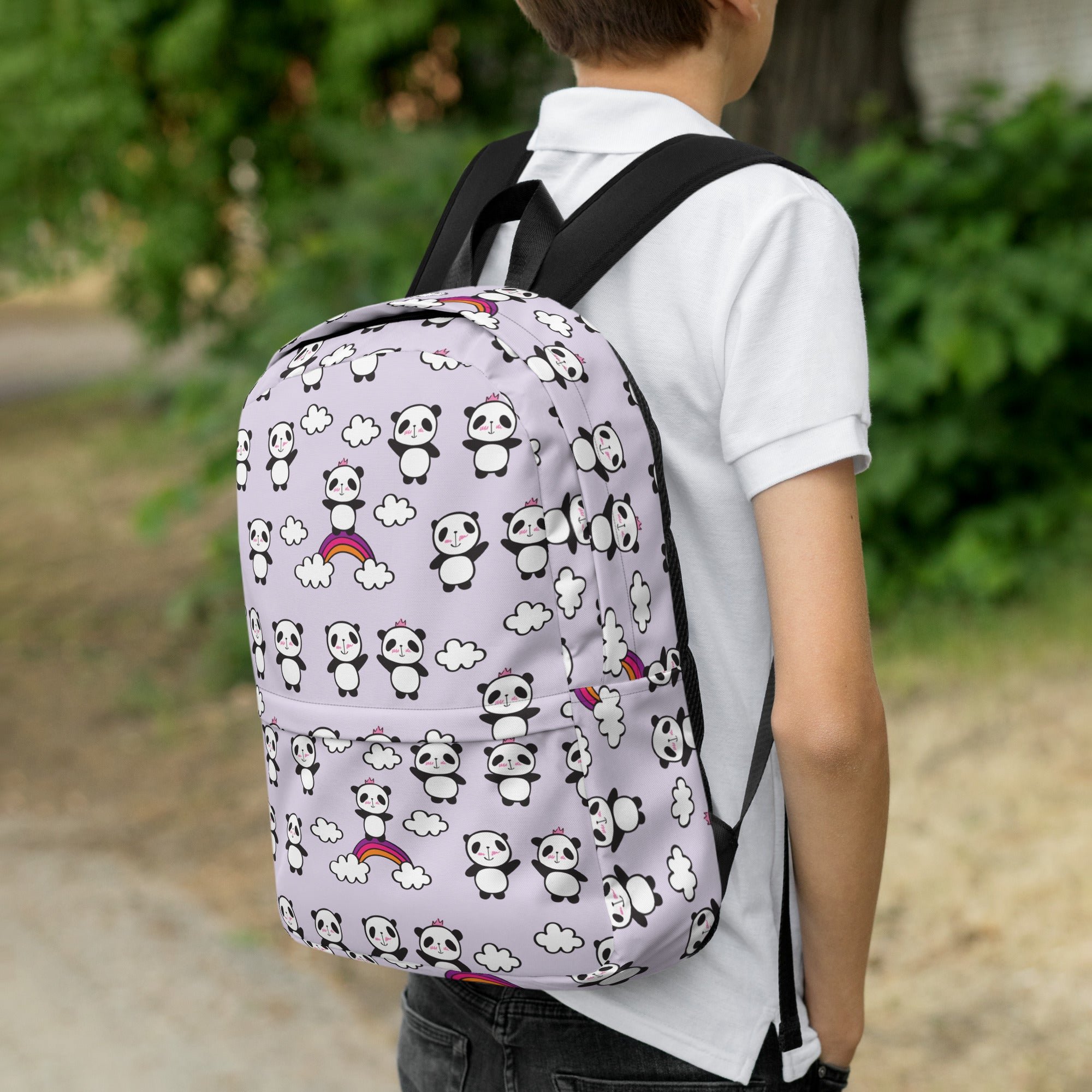Preppy Purple Cute Little Pandas Print Medium Size Backpack Bag