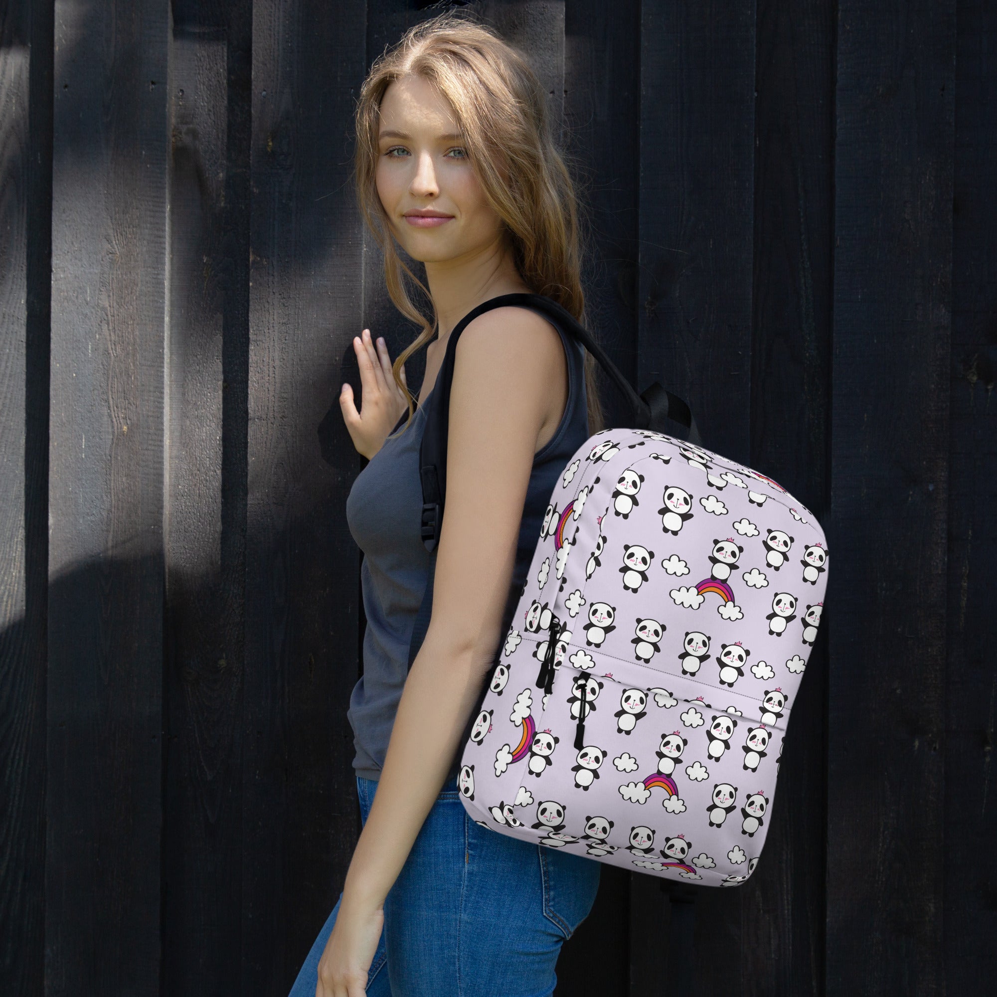 Preppy Purple Cute Little Pandas Print Medium Size Backpack Bag