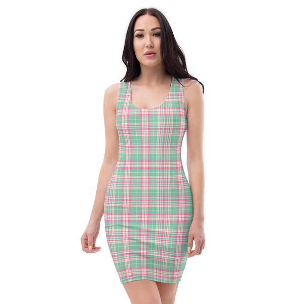pink plaid dress Preppy Pastel Green and Pink Tartan Plaid Bodycon Dress XS