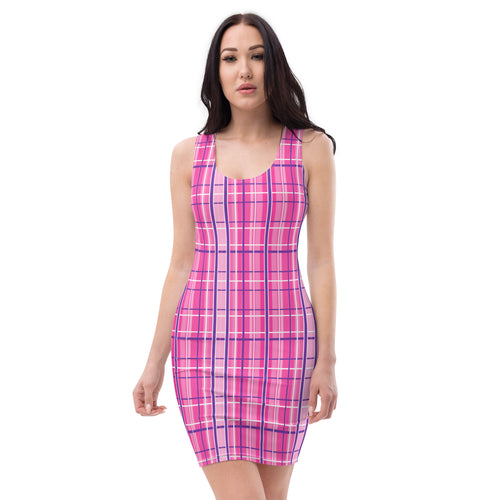 Preppy Pink and Purple Tartan Plaid Aesthetic Bodycon Dress