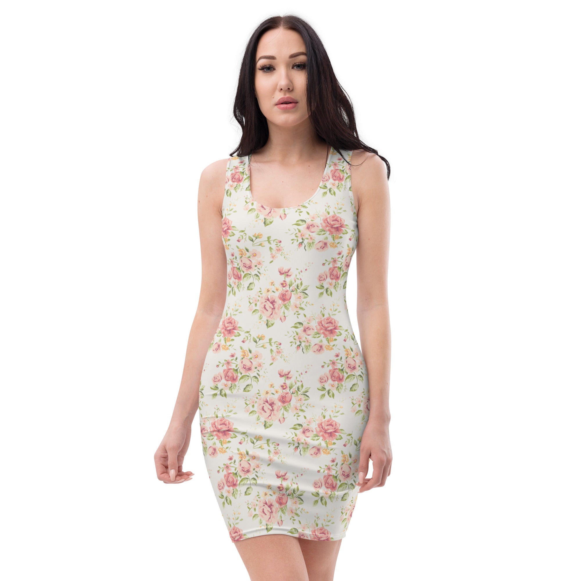 Preppy Vintage Silky White Floral Pattern Bodycon Dress