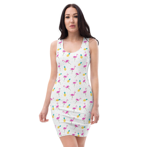 Preppy Pink Flamingo Print Pool Party Bodycon Dress