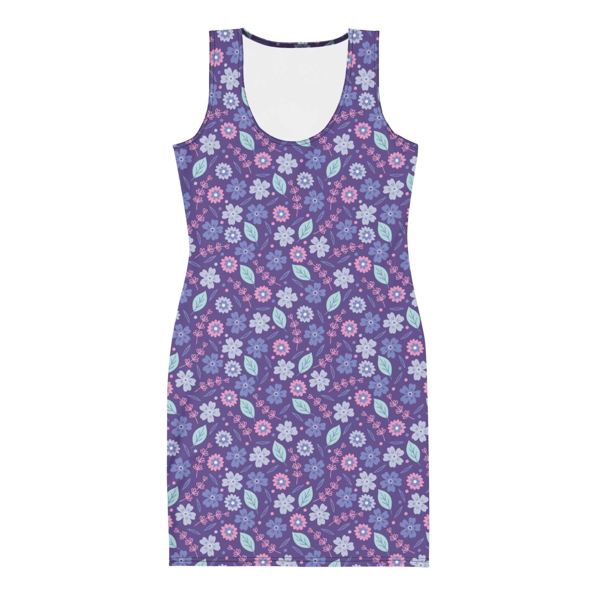 Peppy Pink & Purple Flowers and Leaves Bodycon Tank Dress