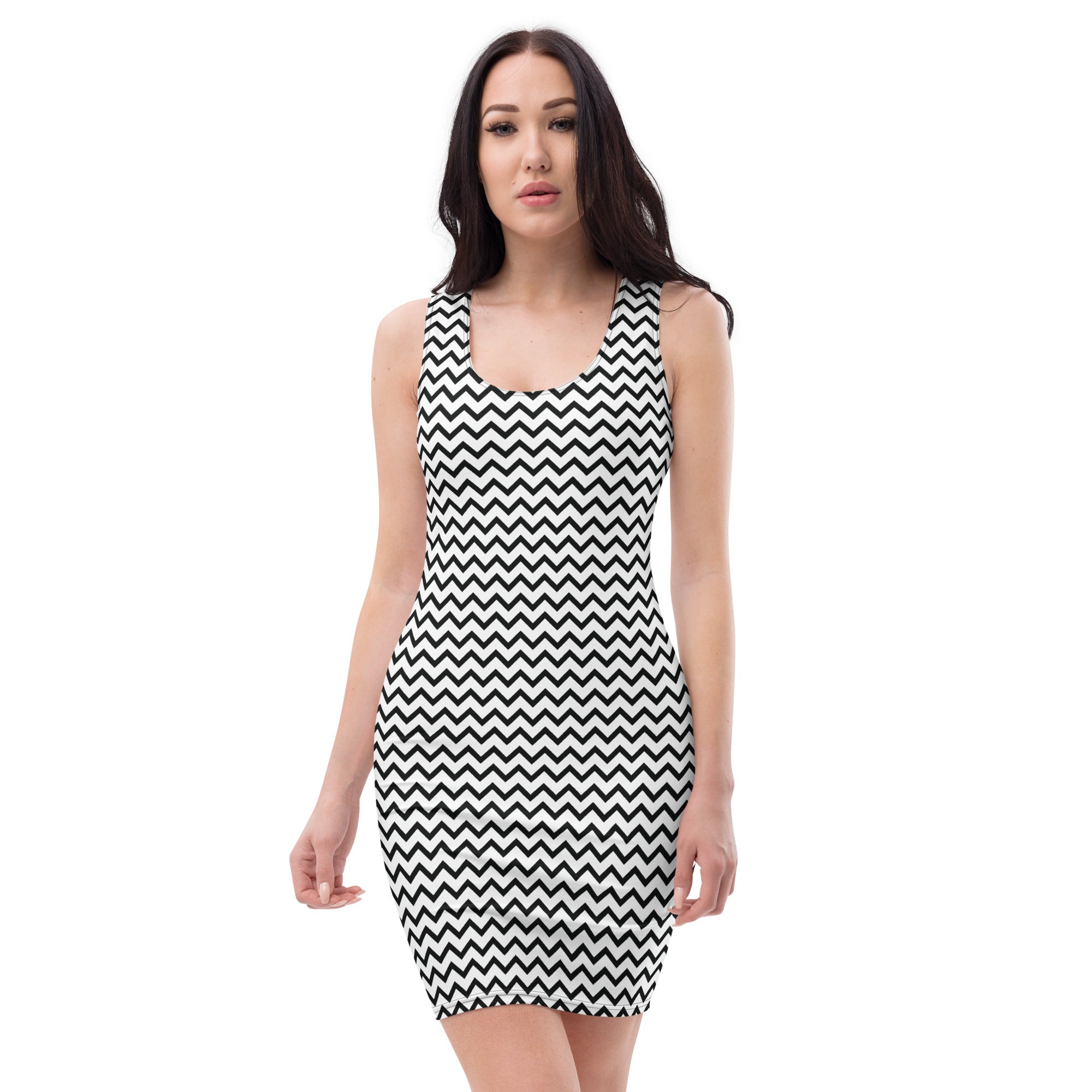 Preppy Black & White Zig Zag Horizontal Striped Bodycon Dress