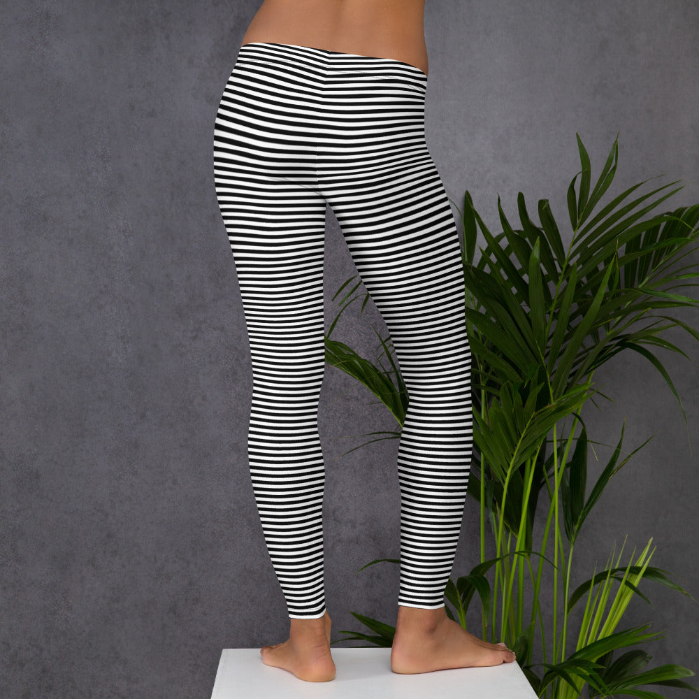 Preppy Black Horizontal Striped Leggings for Women