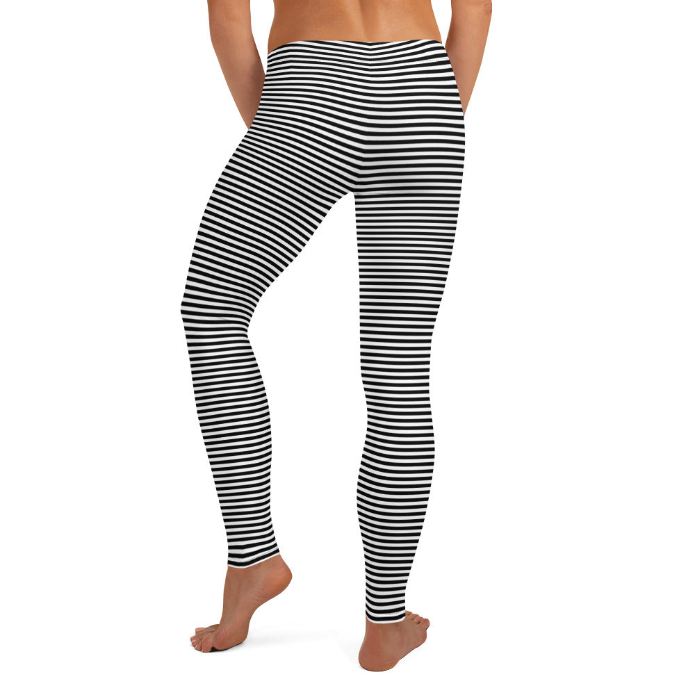 Preppy Black Horizontal Striped Leggings for Women