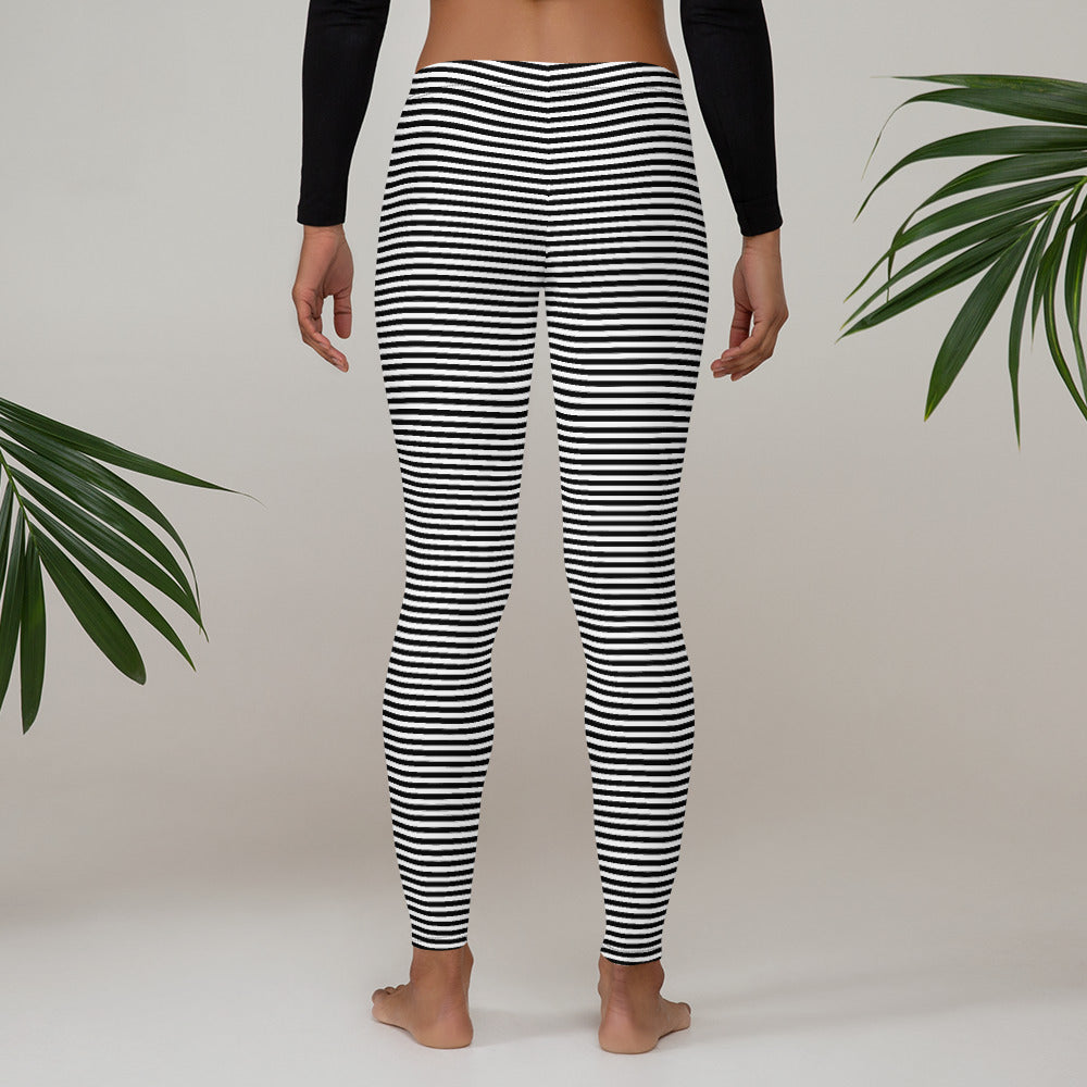 Preppy Black Horizontal Striped Leggings for Women