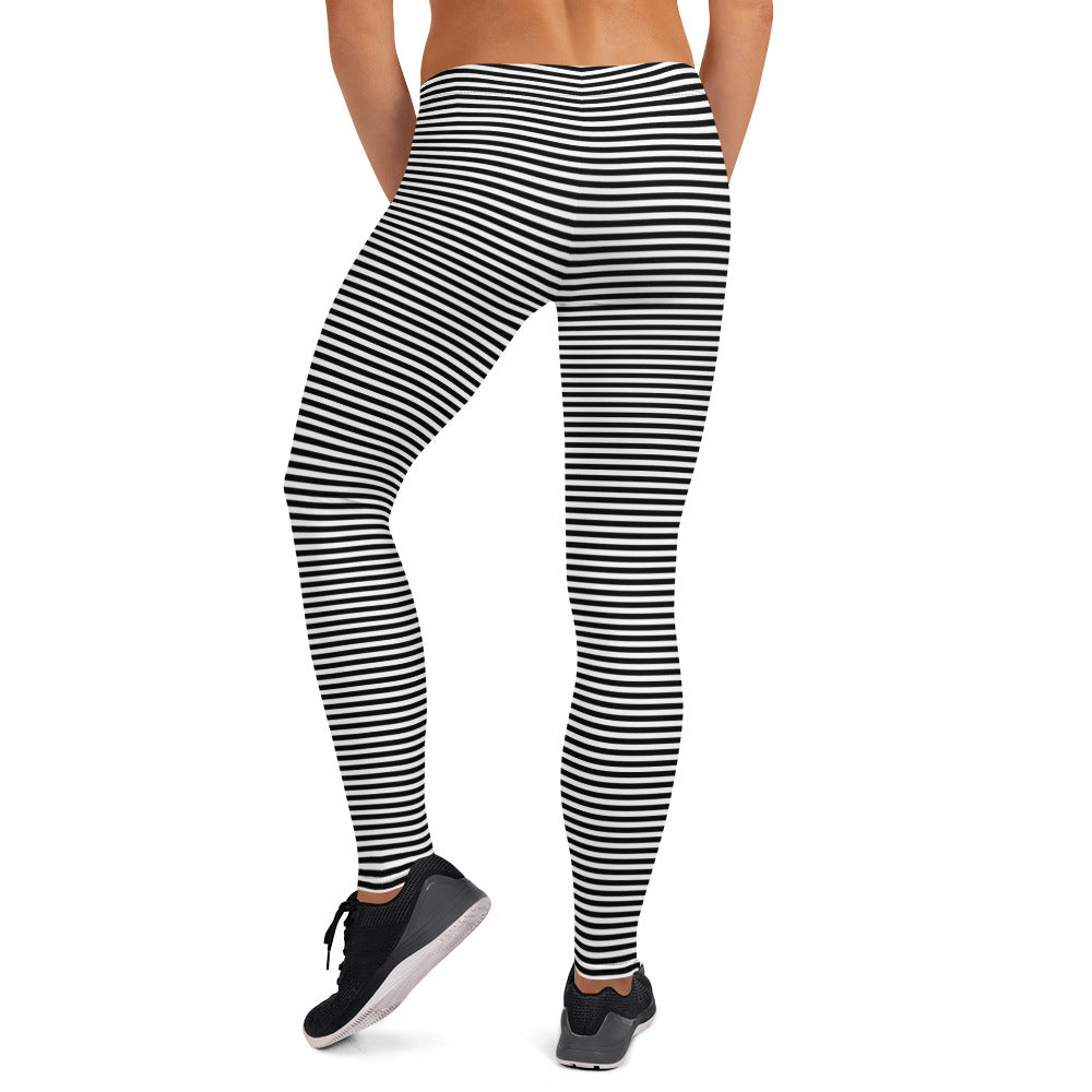 Preppy Black Horizontal Striped Leggings for Women