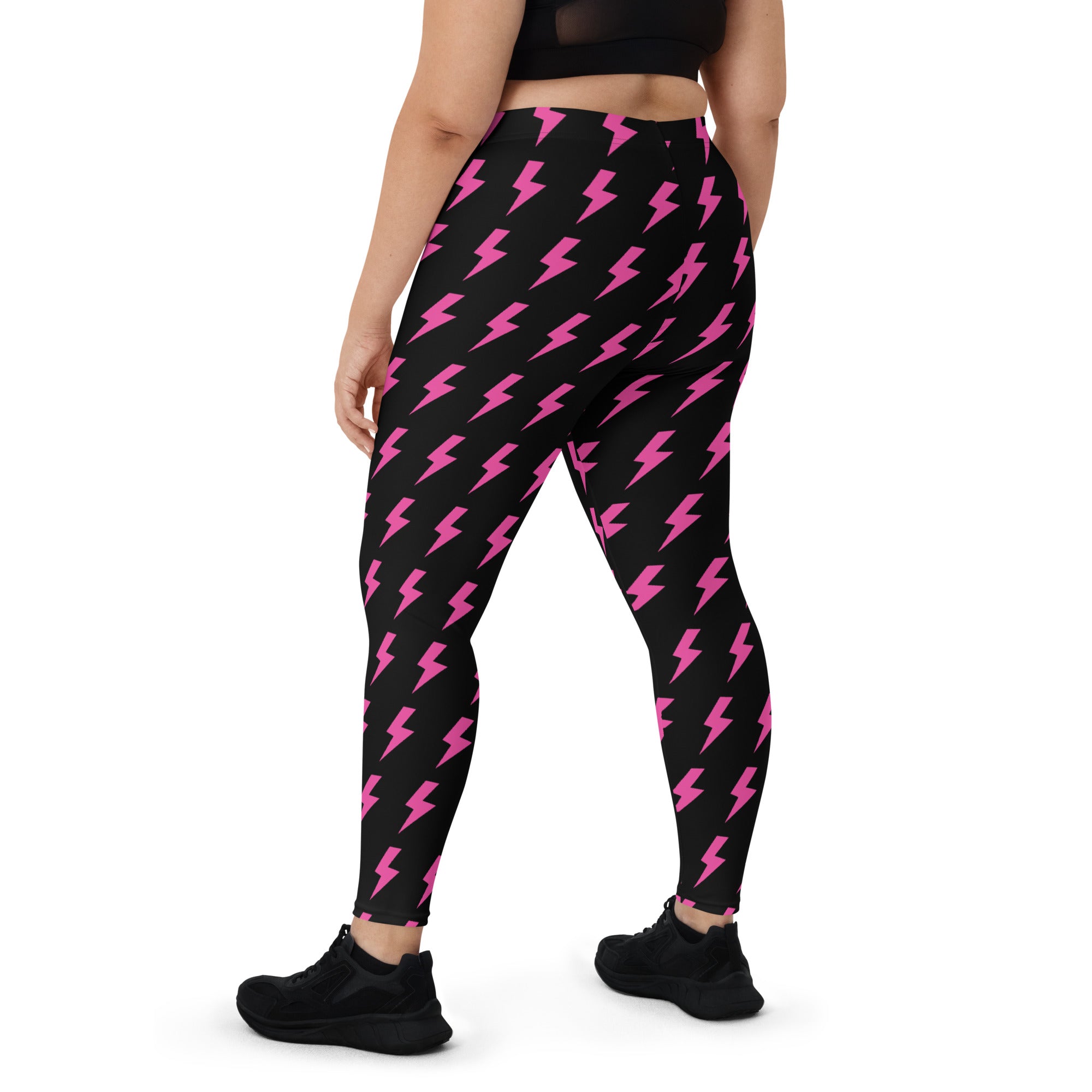 Preppy Pink Lightning Bolts Black Running & Gym Leggings