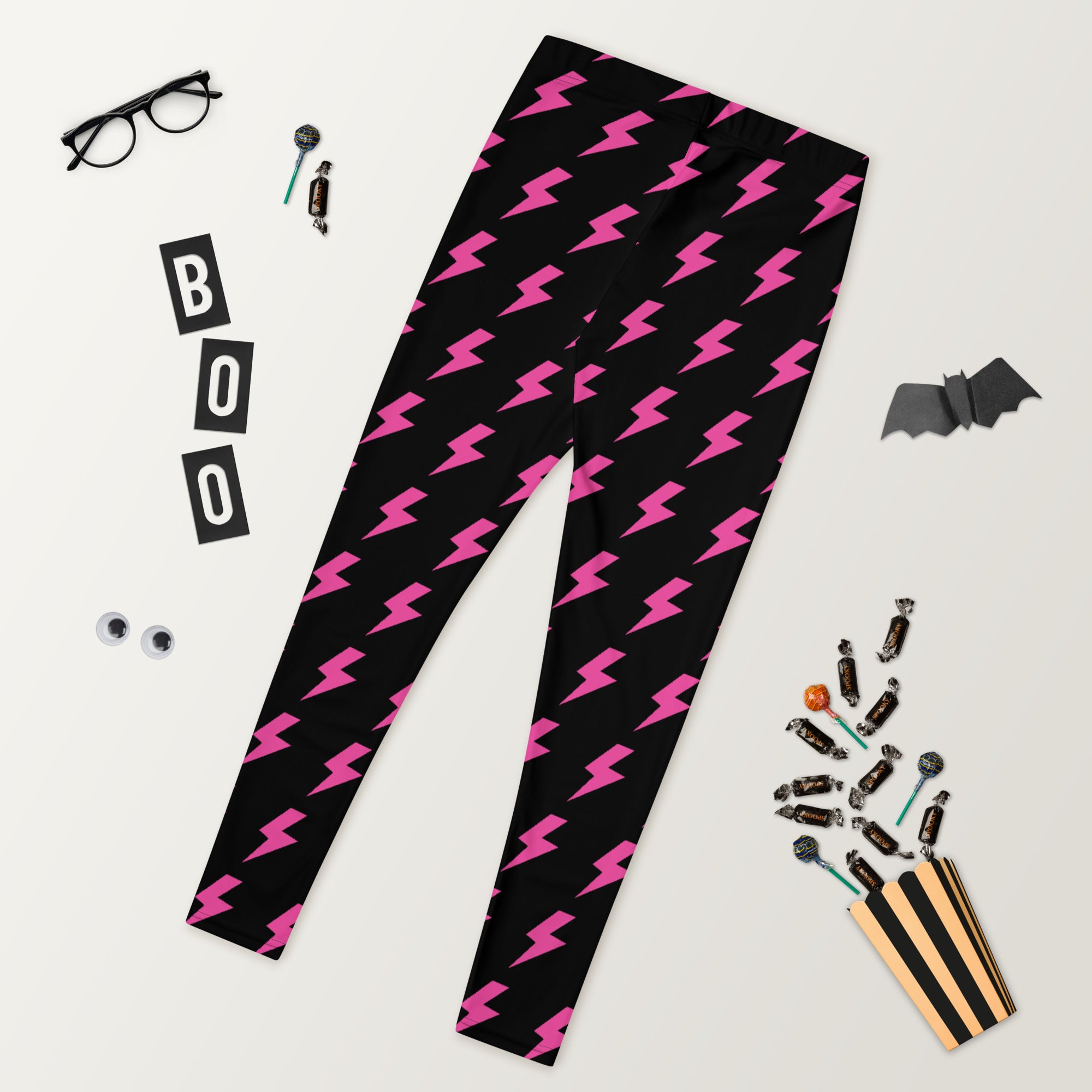 Preppy Pink Lightning Bolts Black Running & Gym Leggings