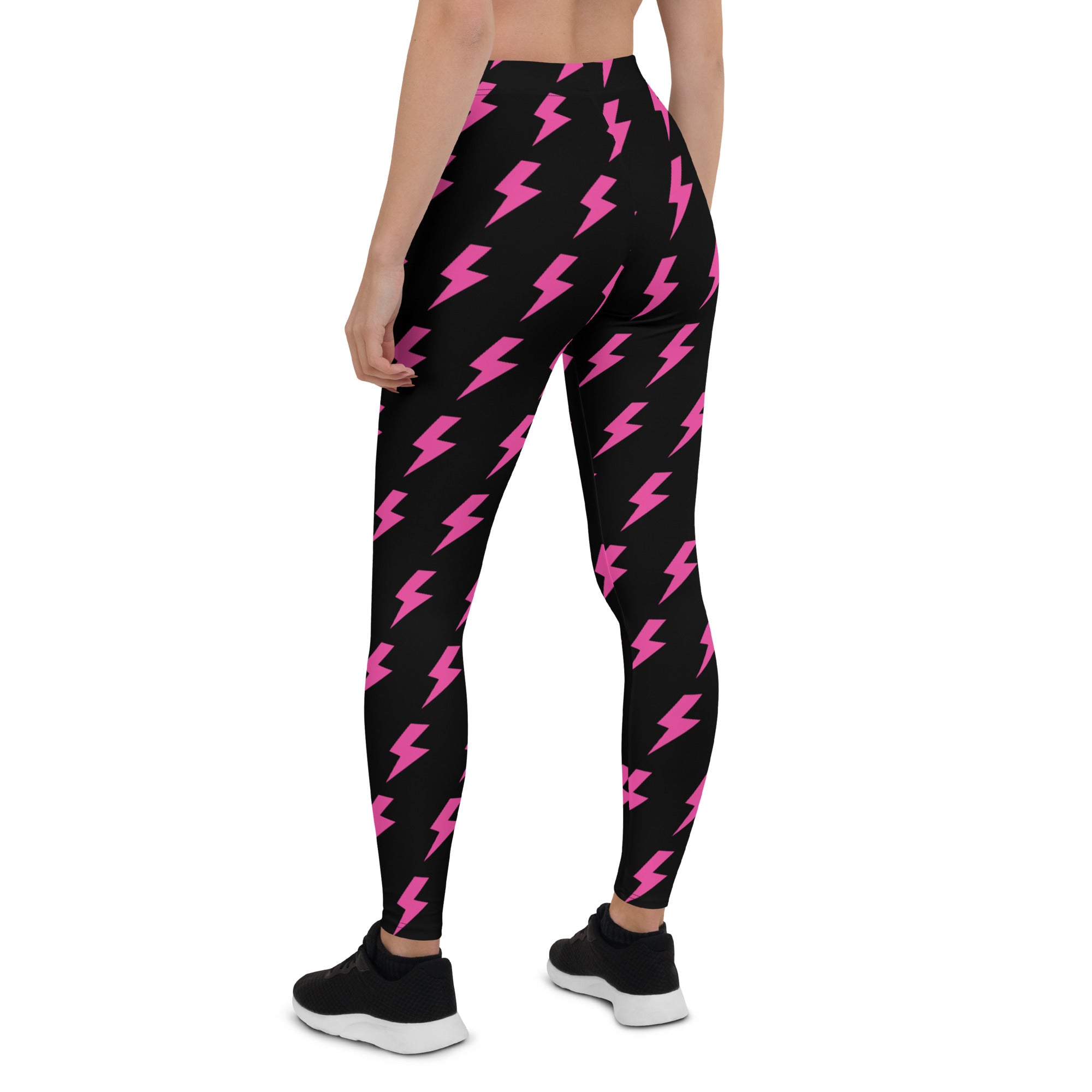 Preppy Pink Lightning Bolts Black Running & Gym Leggings