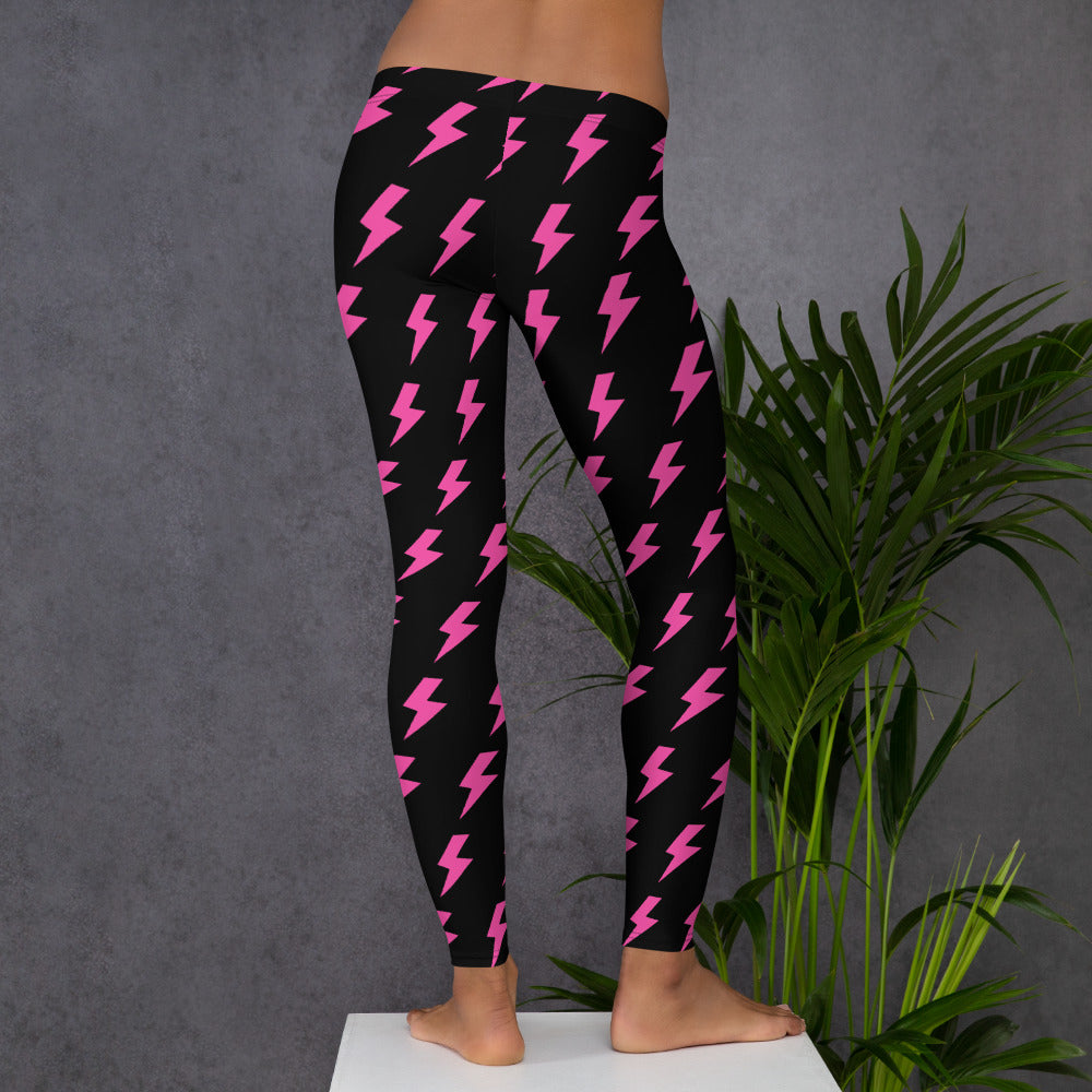 Preppy Pink Lightning Bolts Black Running & Gym Leggings