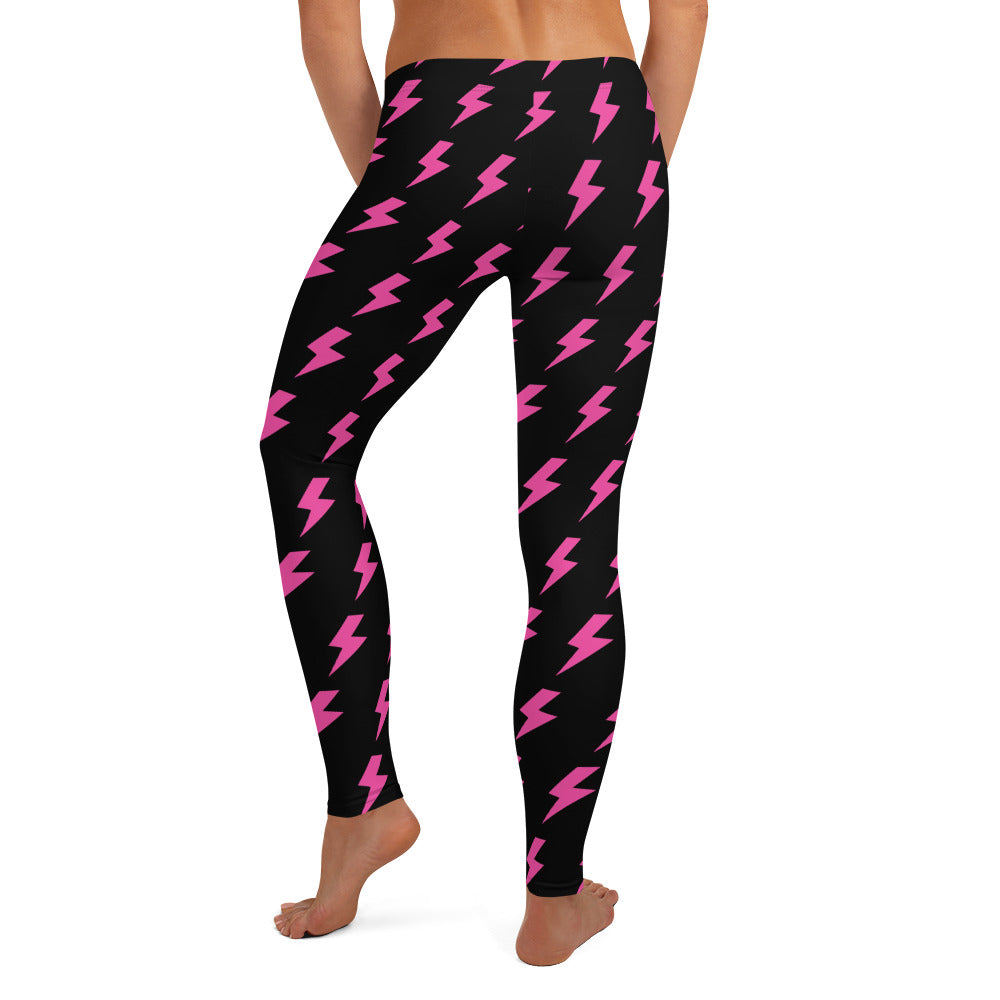 Preppy Pink Lightning Bolts Black Running & Gym Leggings