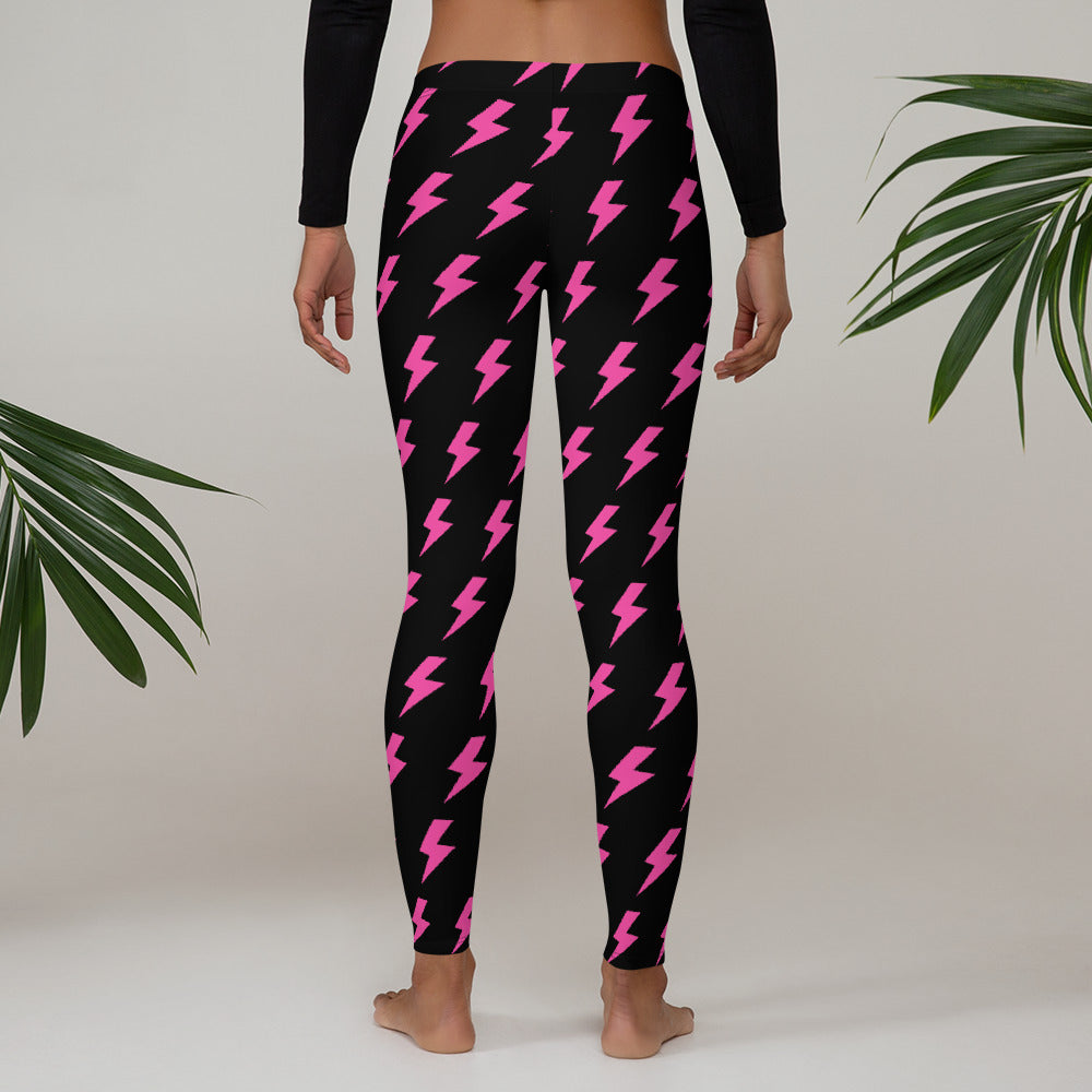 Preppy Pink Lightning Bolts Black Running & Gym Leggings