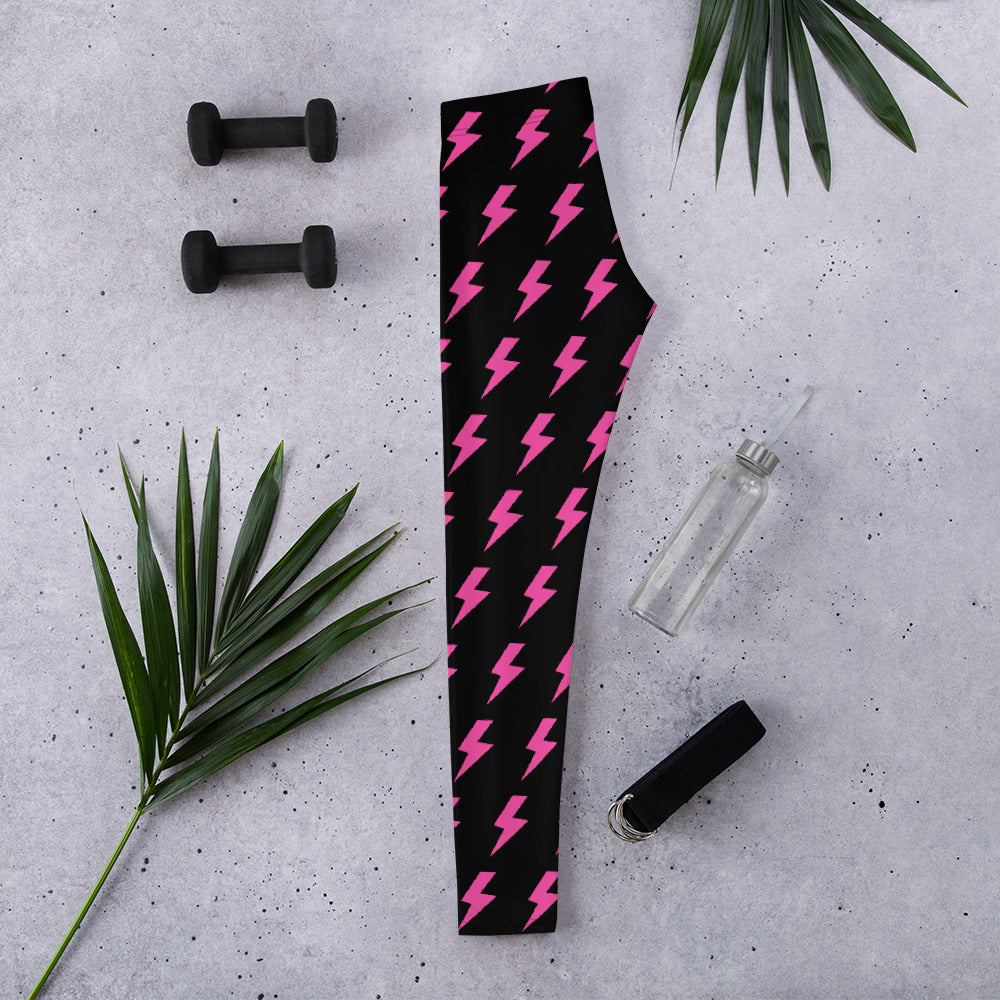Preppy Pink Lightning Bolts Black Running & Gym Leggings