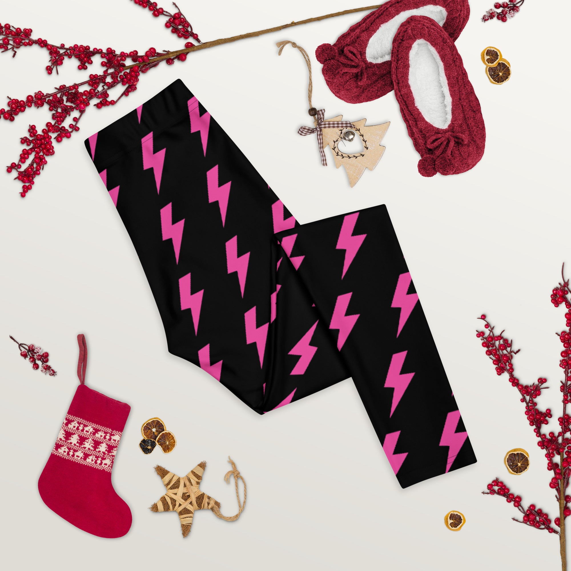 Preppy Pink Lightning Bolts Black Running & Gym Leggings