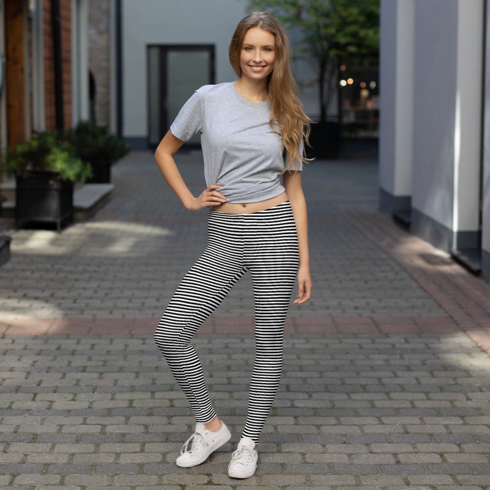 Preppy Black Horizontal Striped Leggings for Women