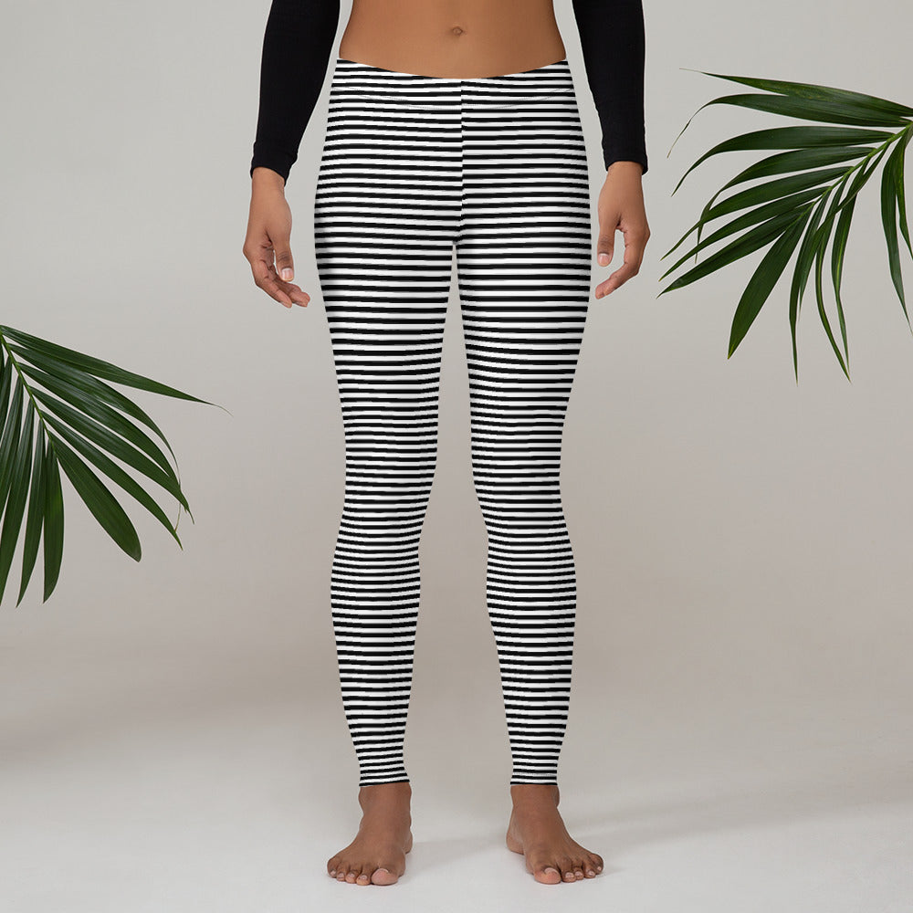 Preppy Black Horizontal Striped Leggings for Women