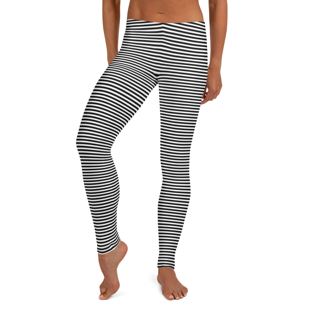 Preppy Black Horizontal Striped Leggings for Women