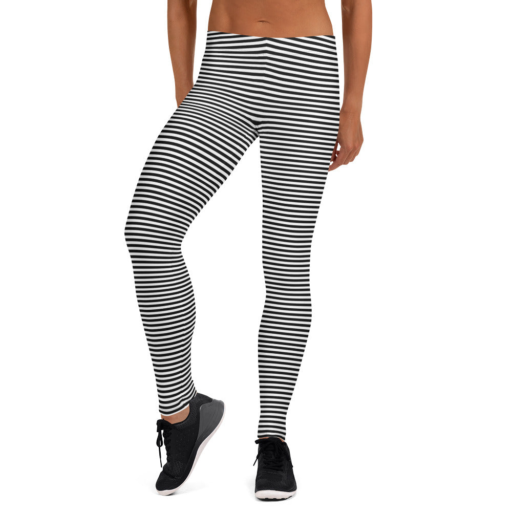 Preppy Black Horizontal Striped Leggings for Women