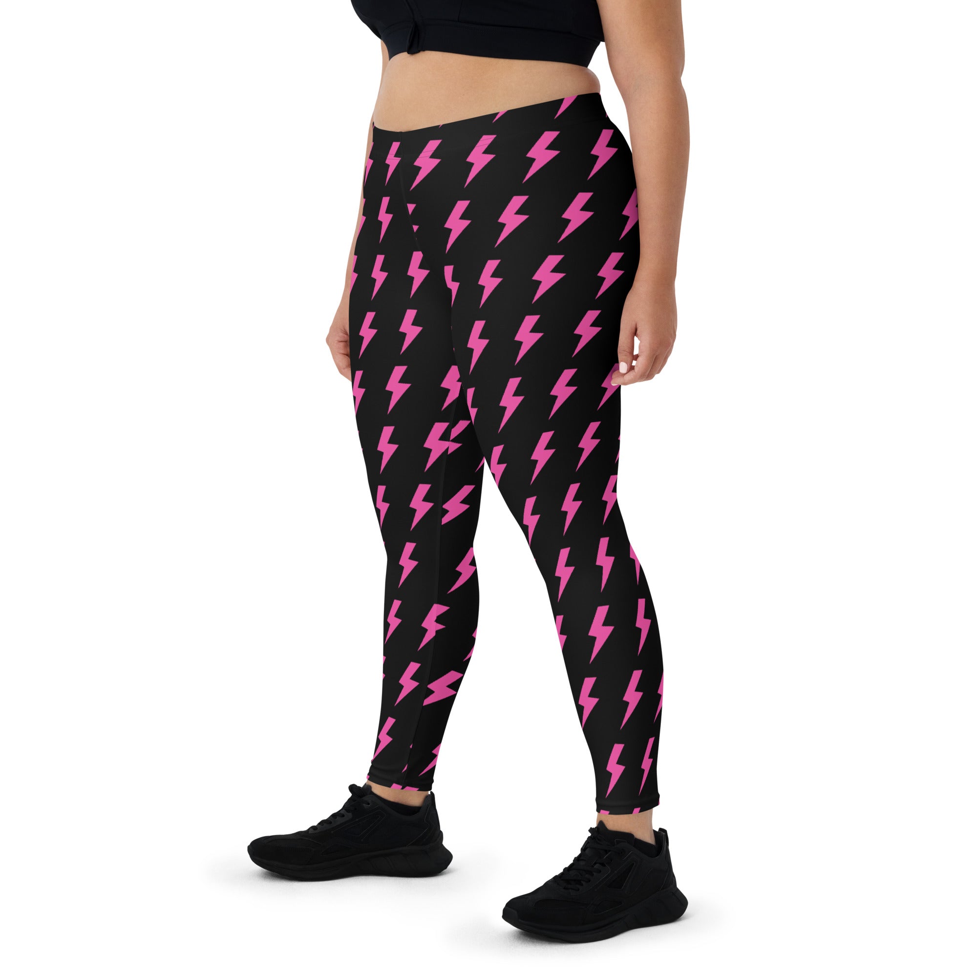 Preppy Pink Lightning Bolts Black Running & Gym Leggings