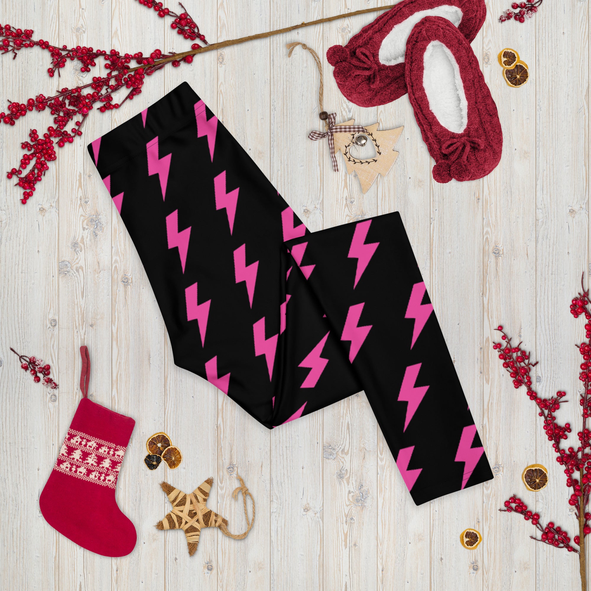 Preppy Pink Lightning Bolts Black Running & Gym Leggings