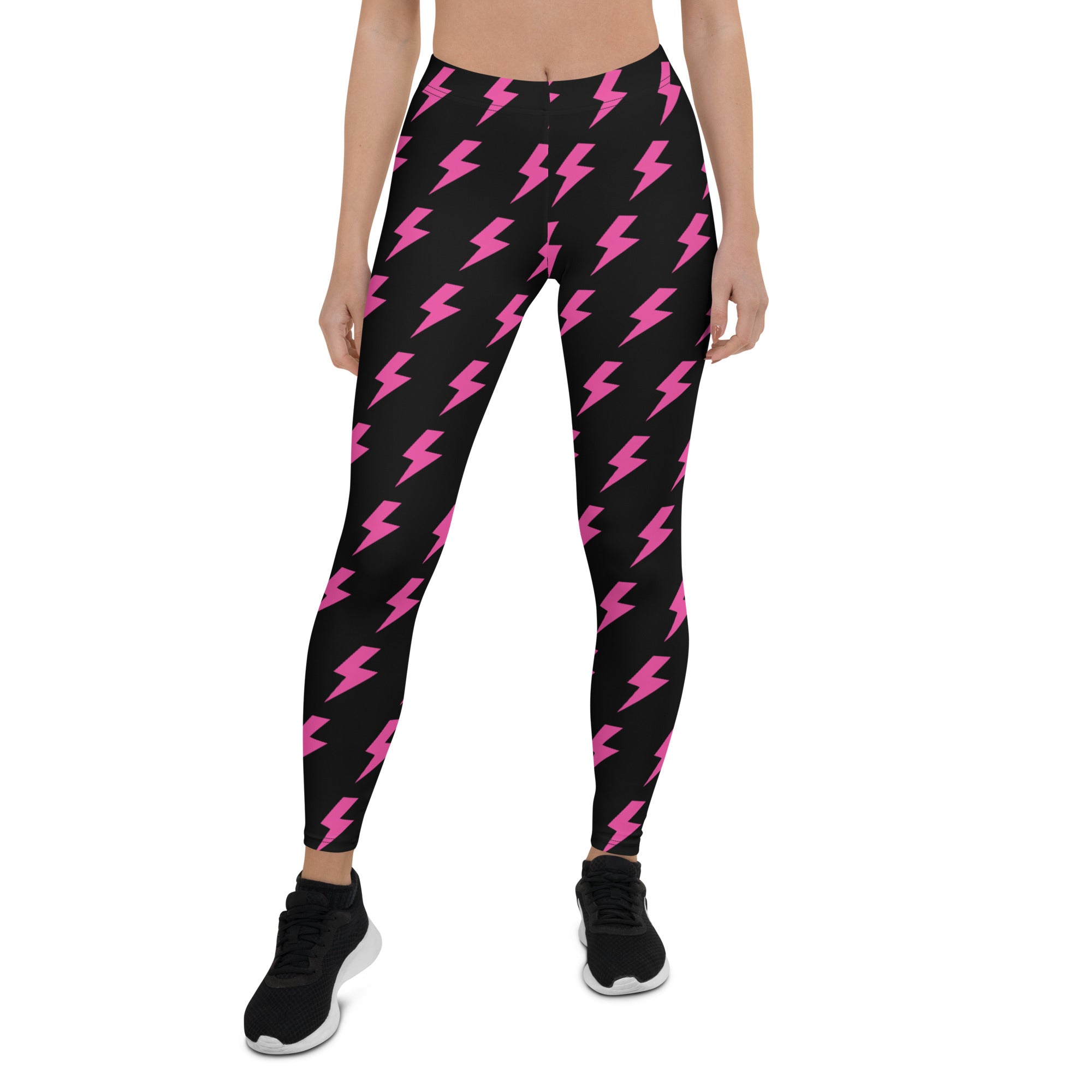 Preppy Pink Lightning Bolts Black Running & Gym Leggings