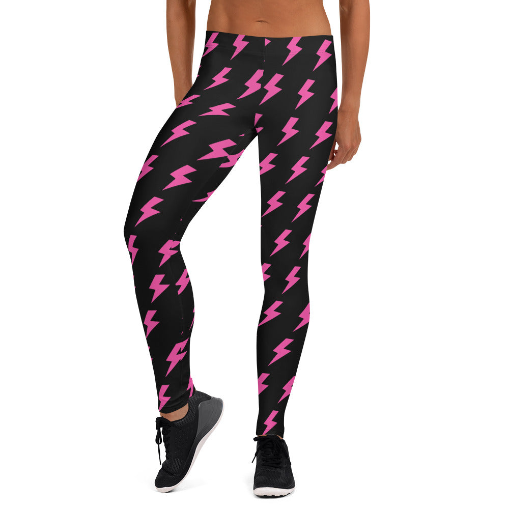 Preppy Pink Lightning Bolts Black Running & Gym Leggings