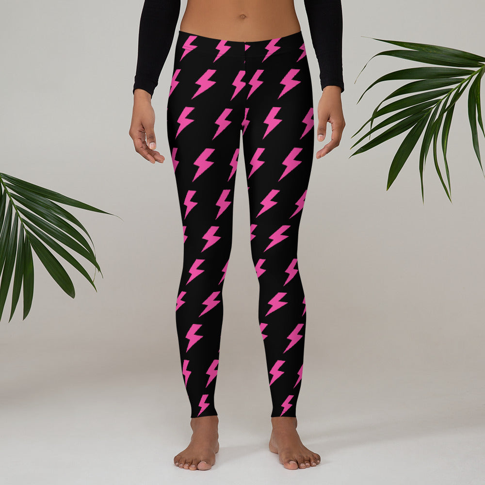 Preppy Pink Lightning Bolts Black Running & Gym Leggings
