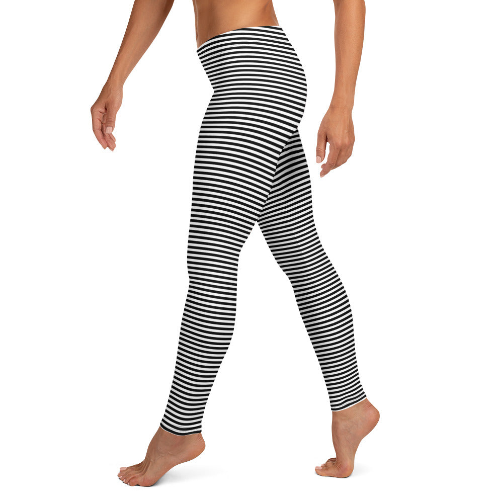 Preppy Black Horizontal Striped Leggings for Women