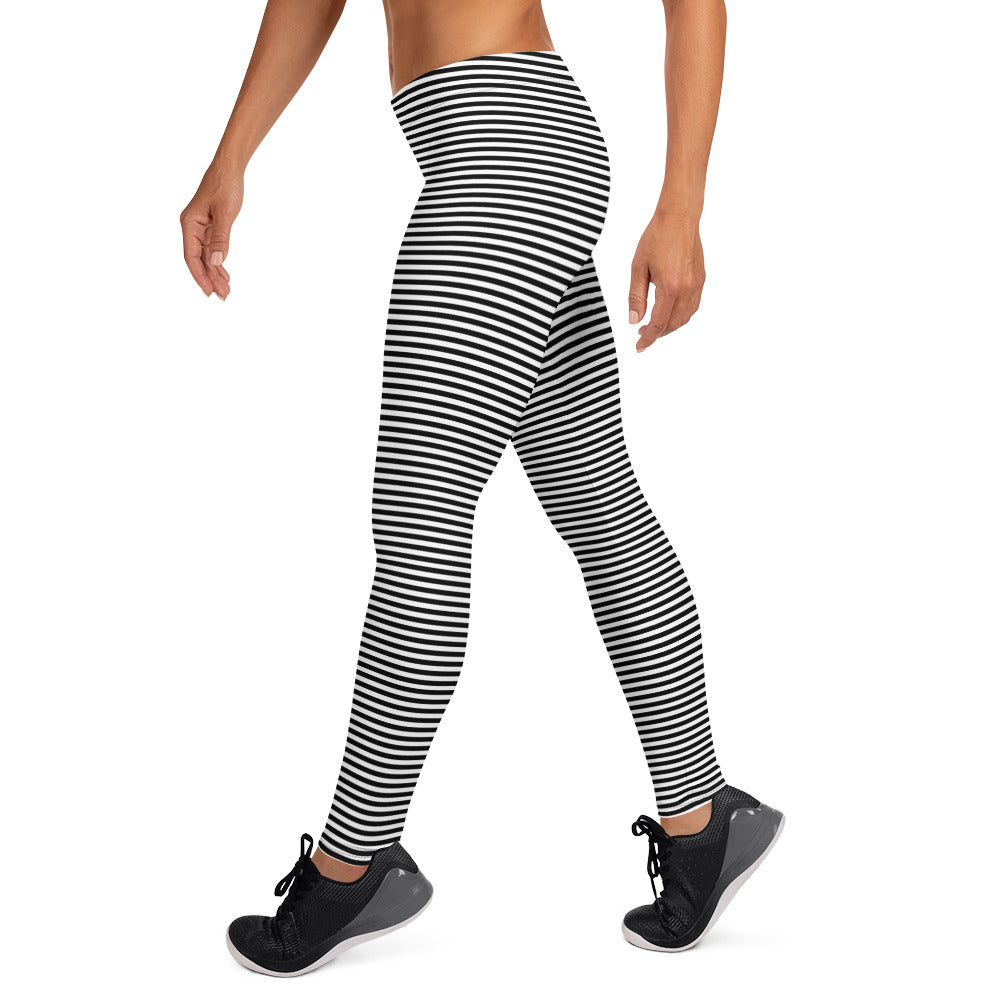 Preppy Black Horizontal Striped Leggings for Women