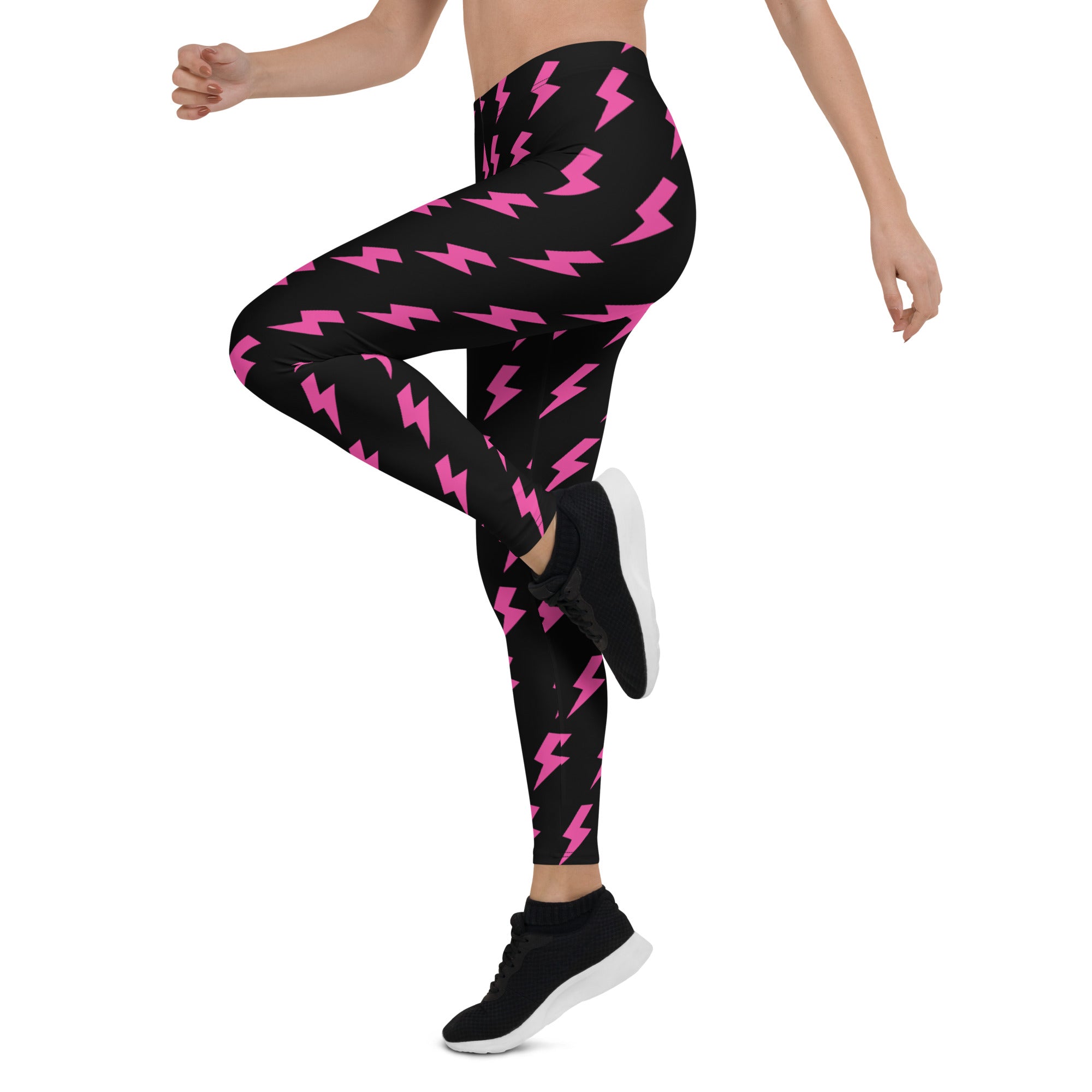 Preppy Pink Lightning Bolts Black Running & Gym Leggings