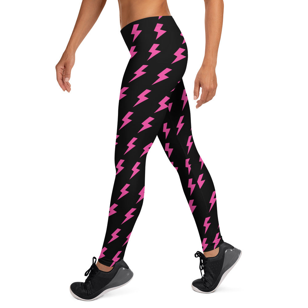 Preppy Pink Lightning Bolts Black Running & Gym Leggings