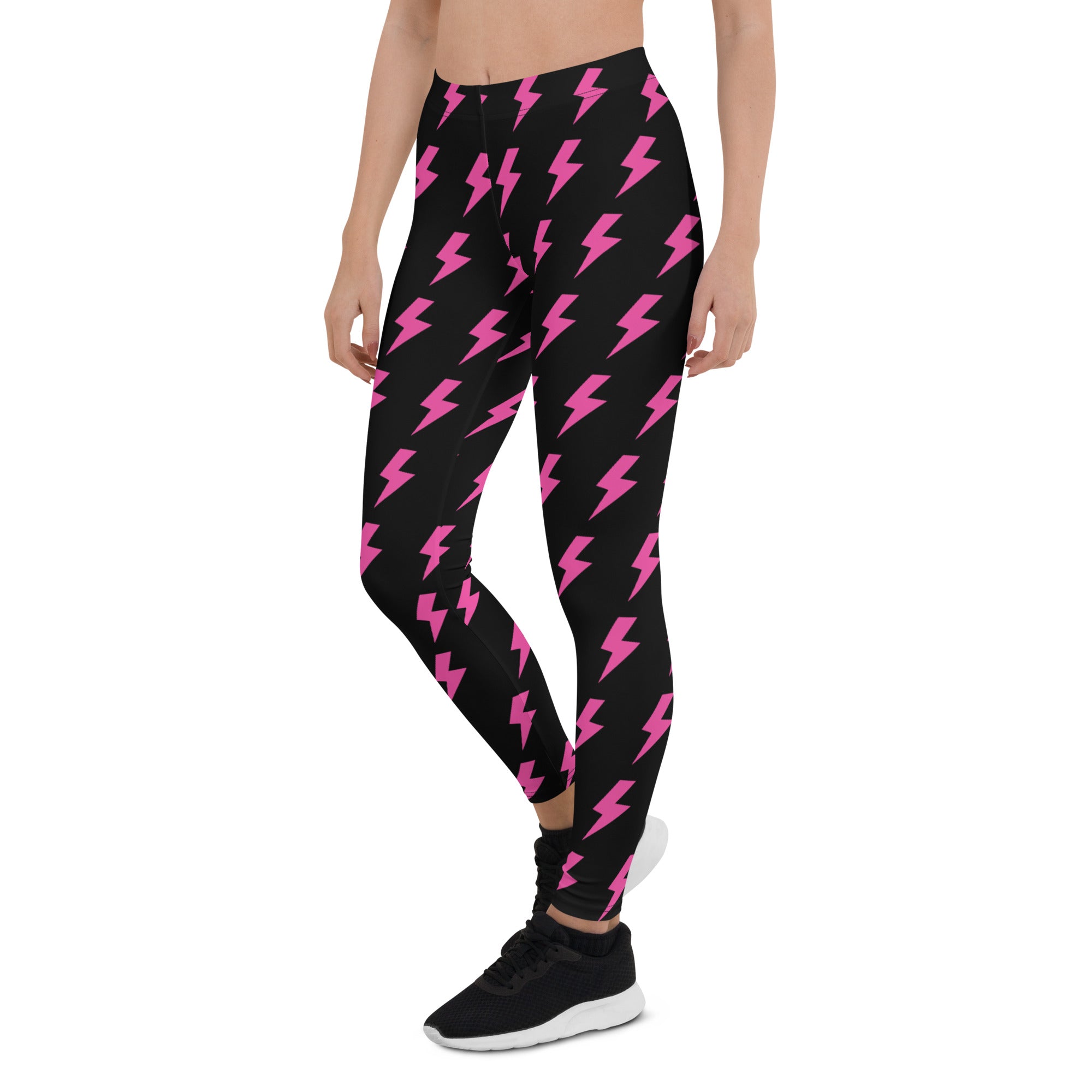 Preppy Pink Lightning Bolts Black Running & Gym Leggings