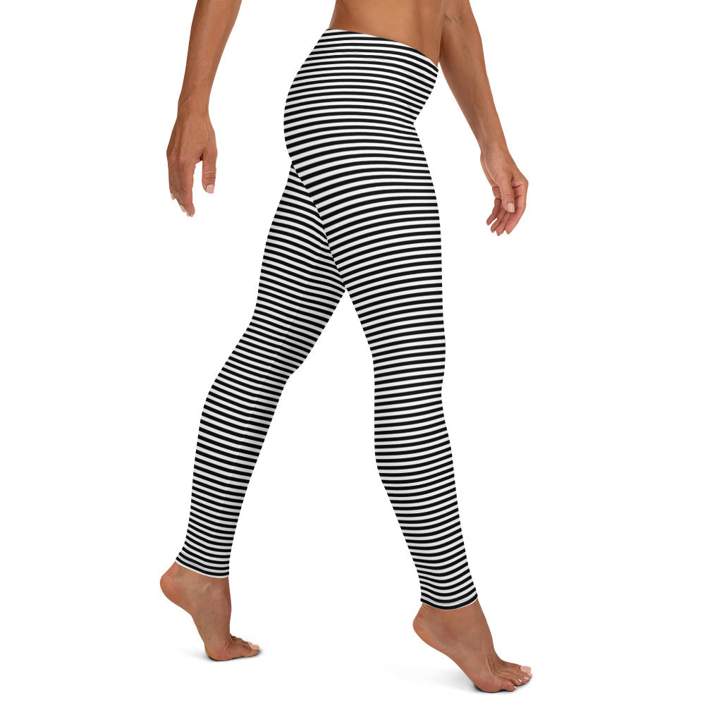 Preppy Black Horizontal Striped Leggings for Women
