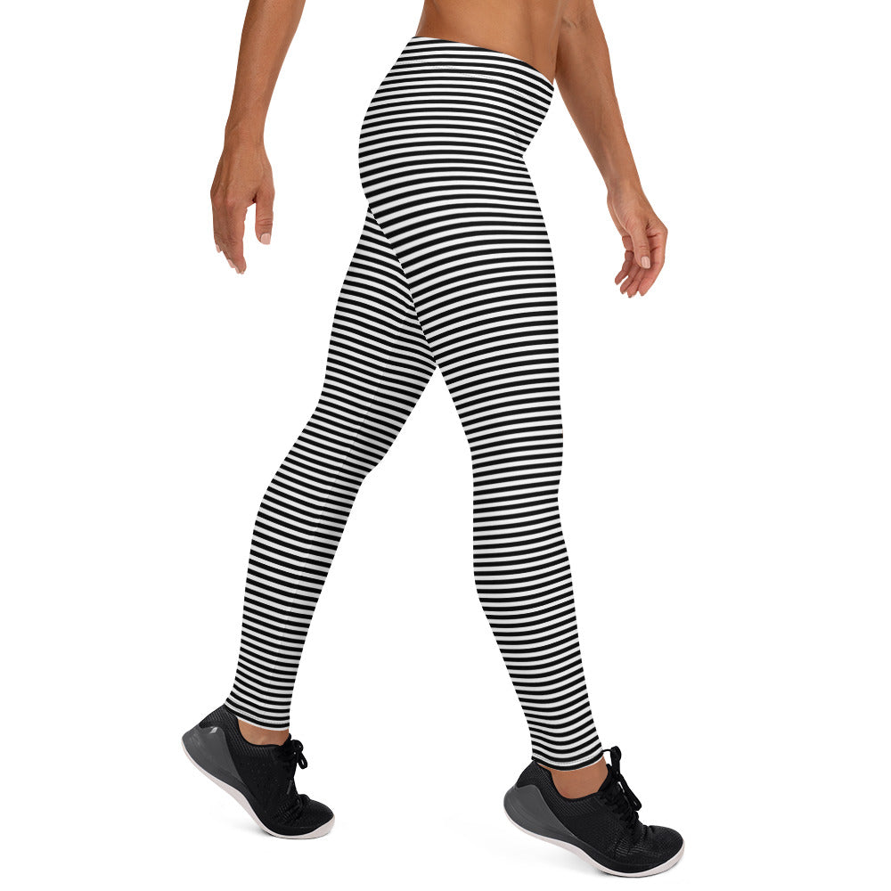 Preppy Black Horizontal Striped Leggings for Women