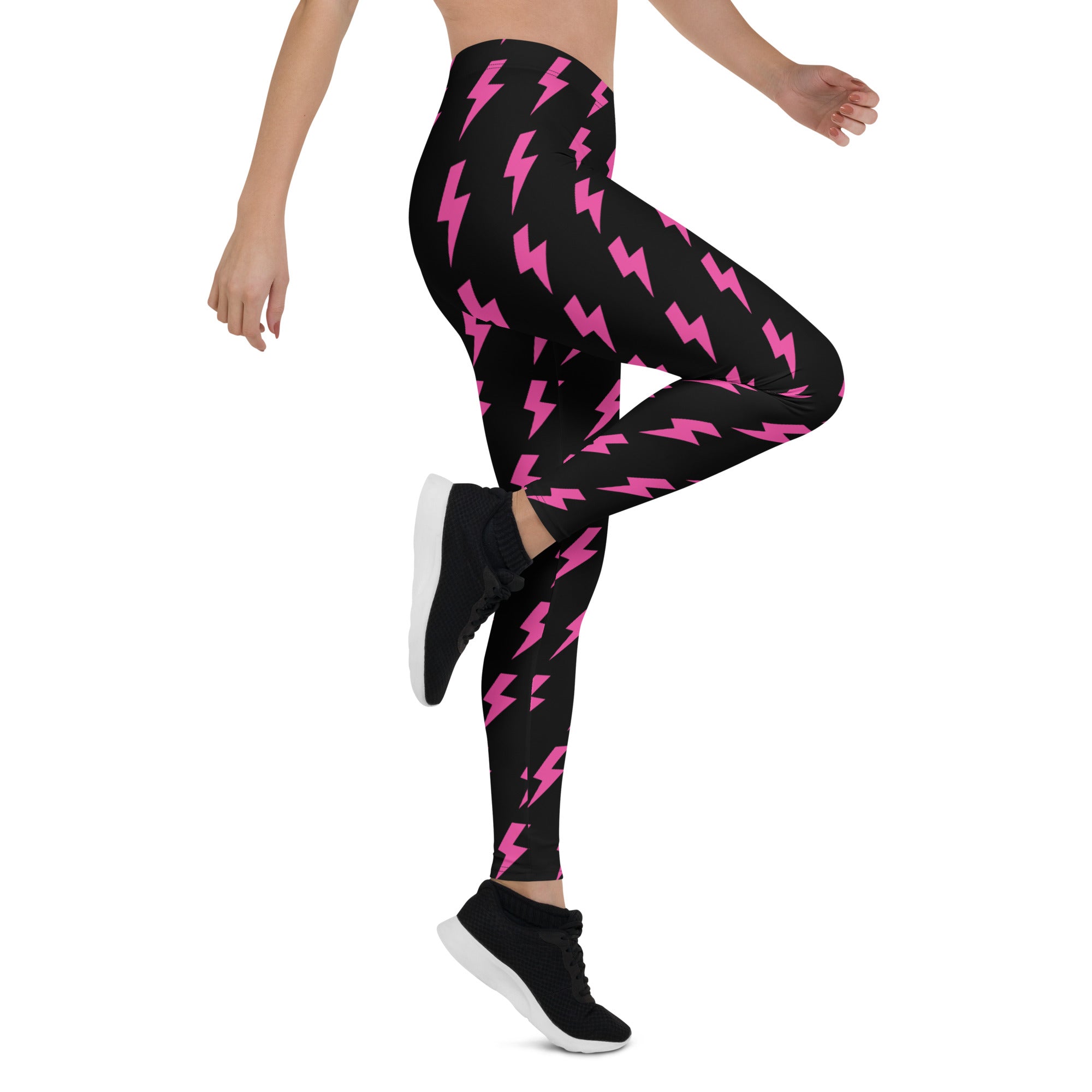 Preppy Pink Lightning Bolts Black Running & Gym Leggings