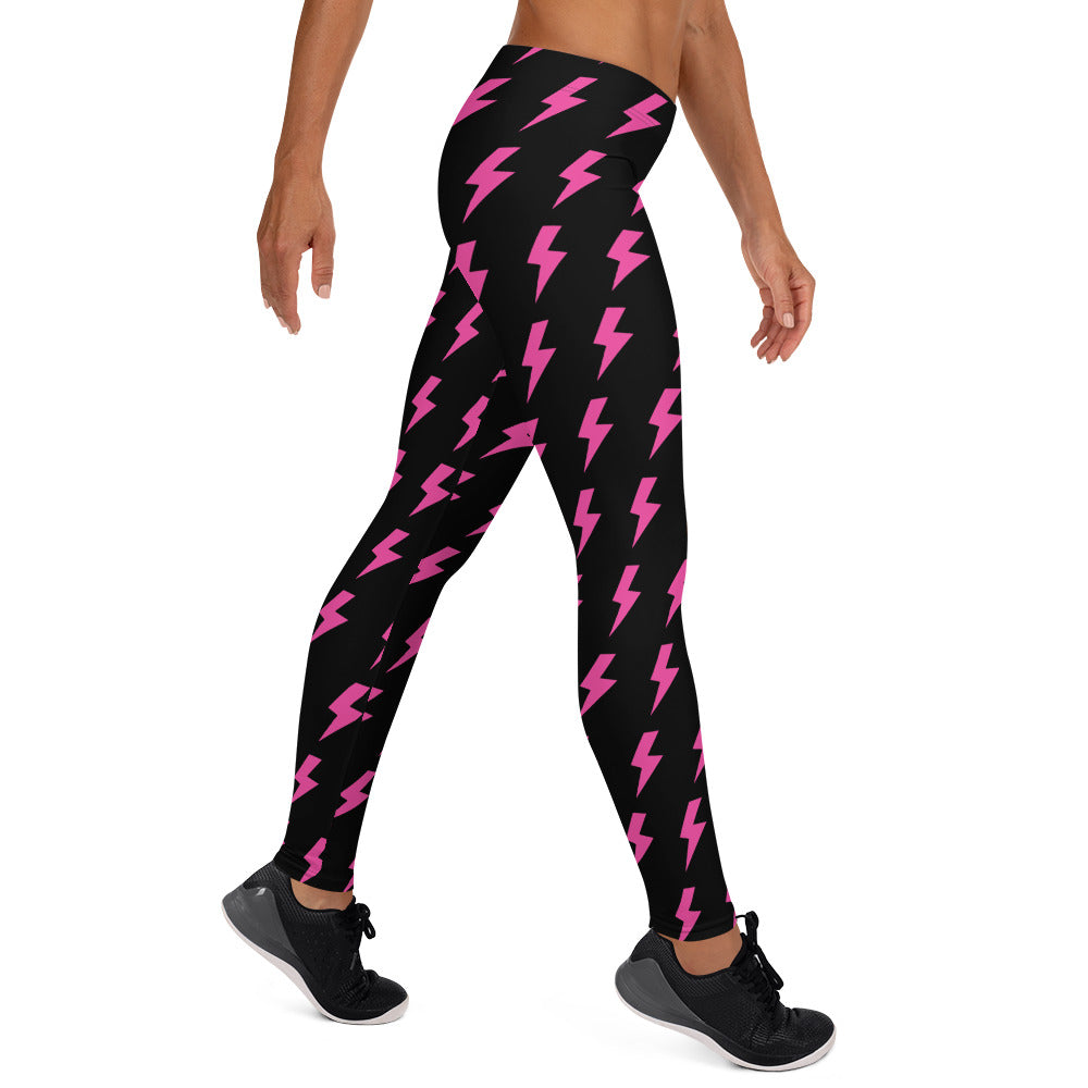 Preppy Pink Lightning Bolts Black Running & Gym Leggings