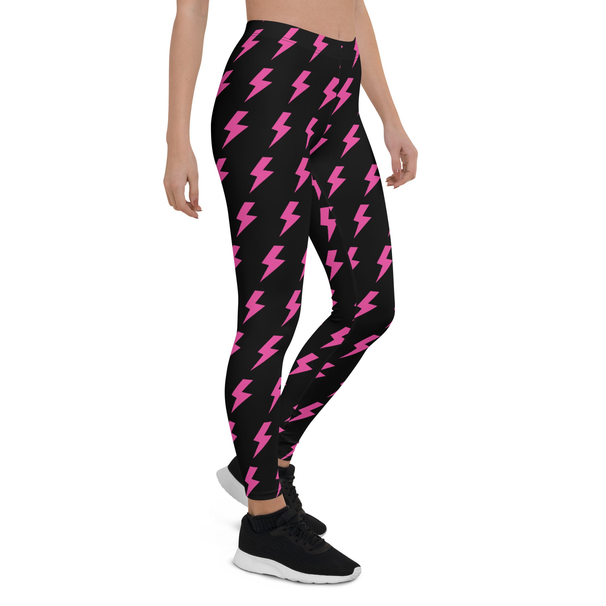 Preppy Pink Lightning Bolts Black Running & Gym Leggings
