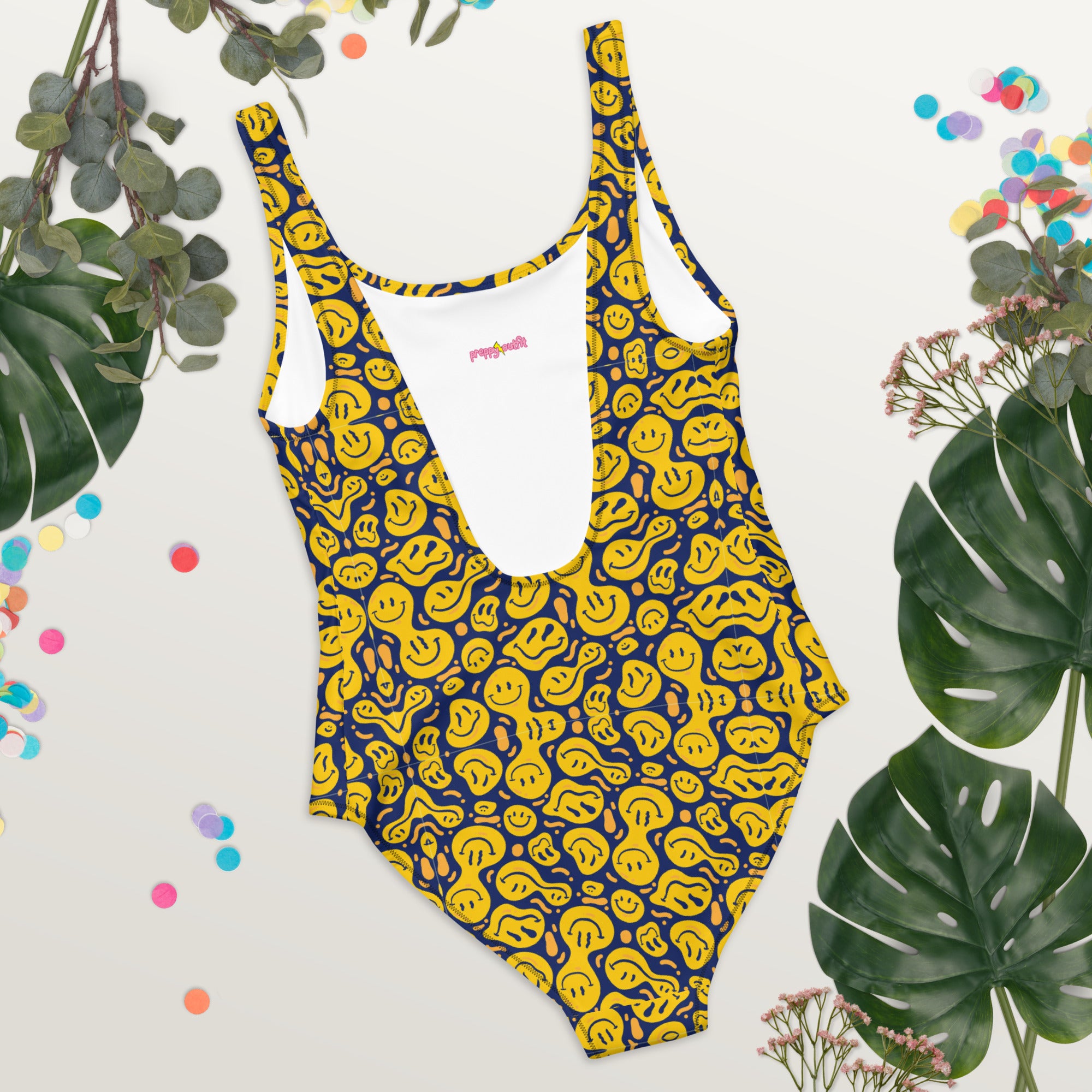 Original Preppy Yellow Drippy Smiley Face One-Piece Swimsuit