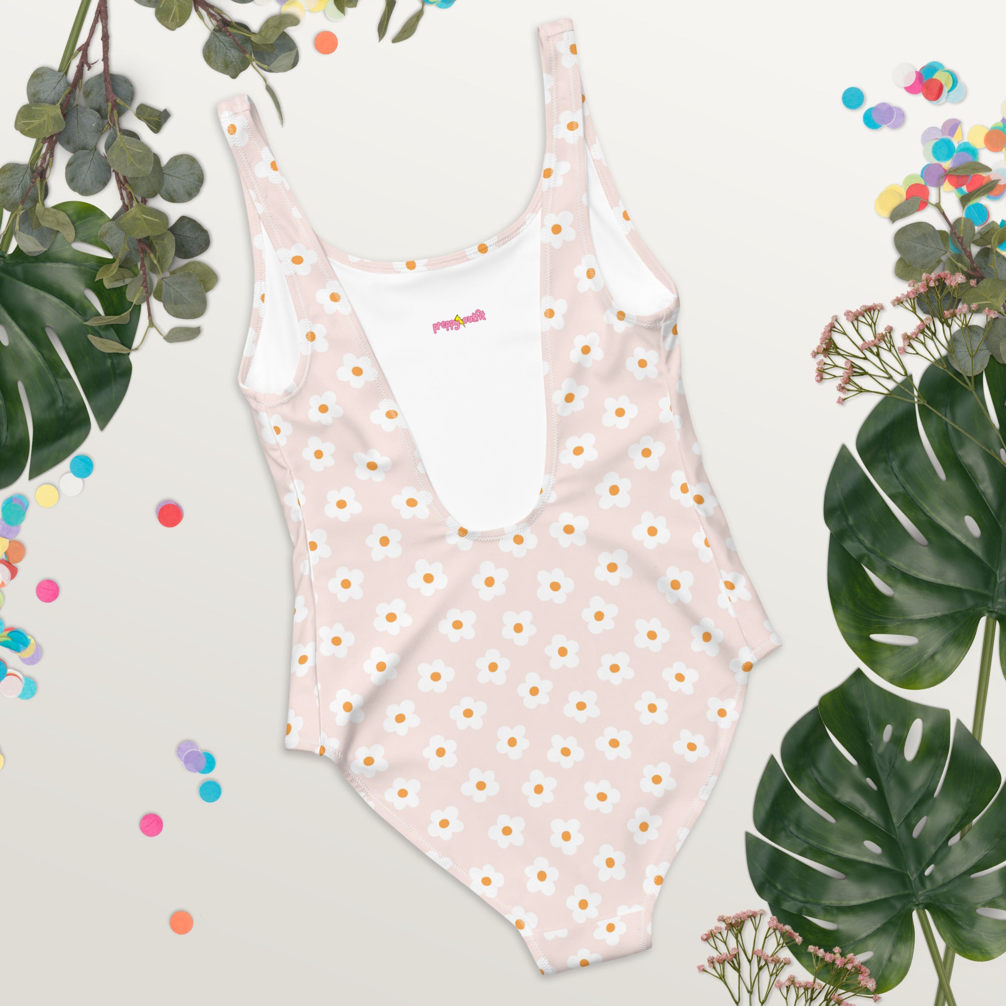 Preppy Pink Minimal Daisy Floral One-Piece Swimsuit