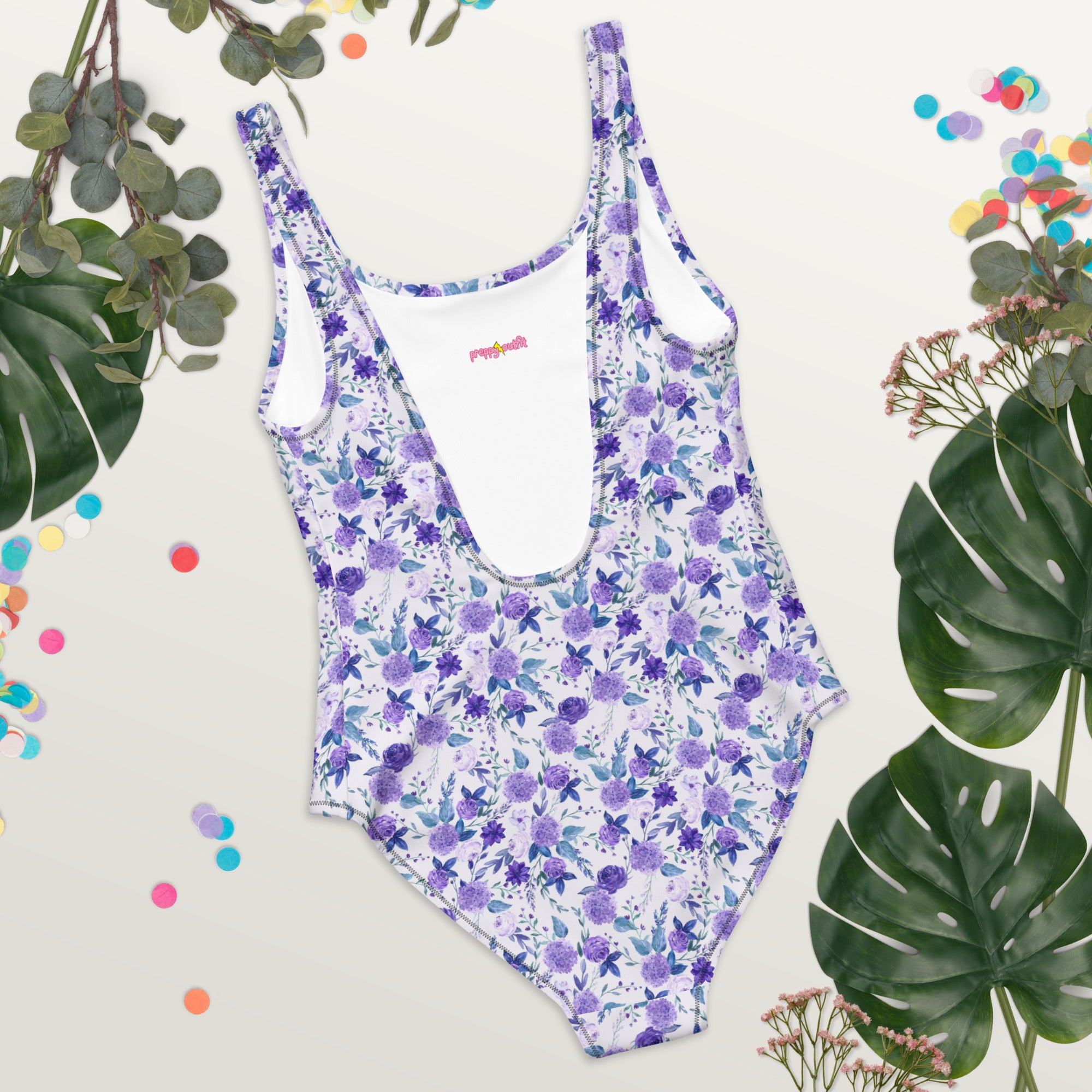 Preppy Purple Floral White One-Piece Swimsuit