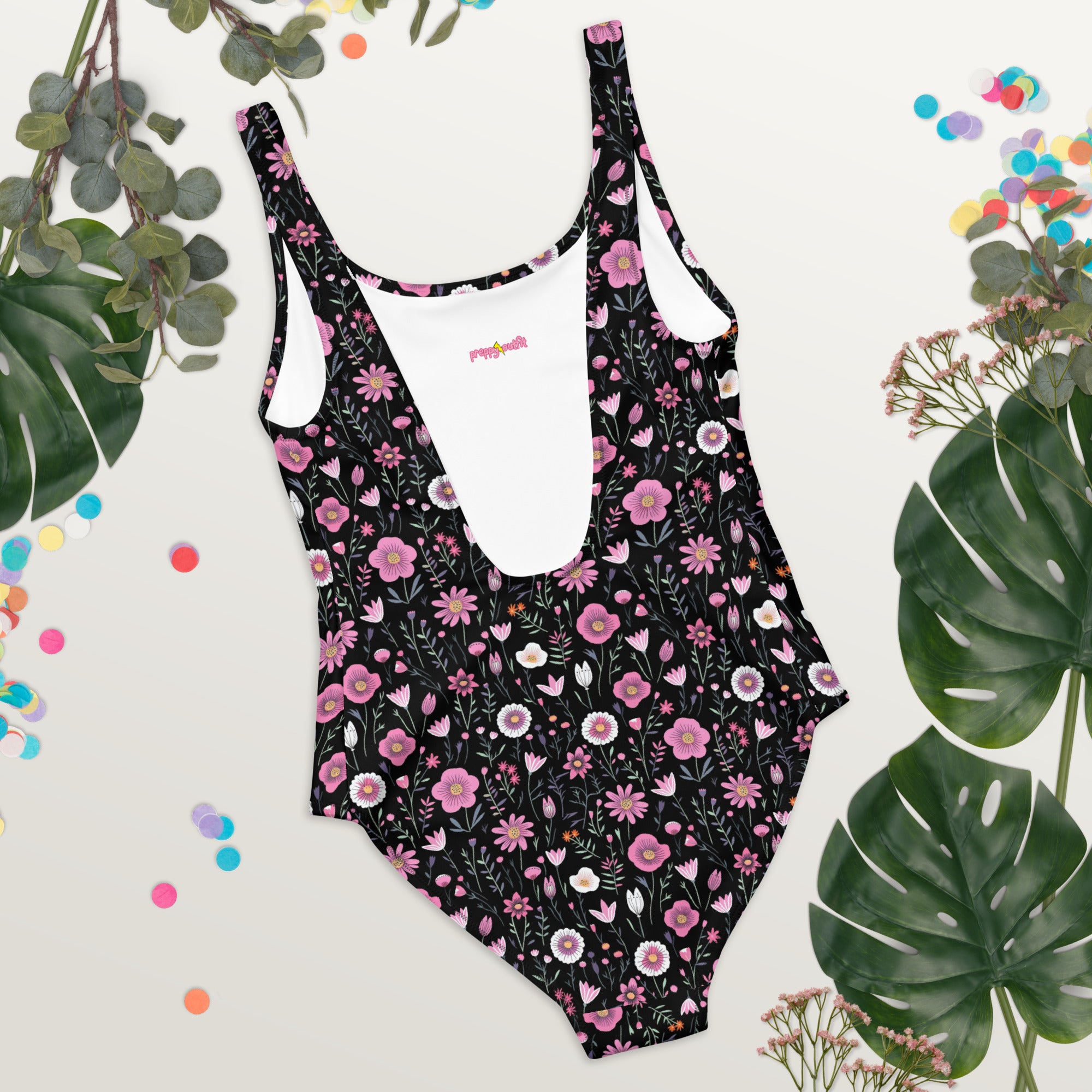 Black Floral One-Piece Swimsuit for Preppy Women