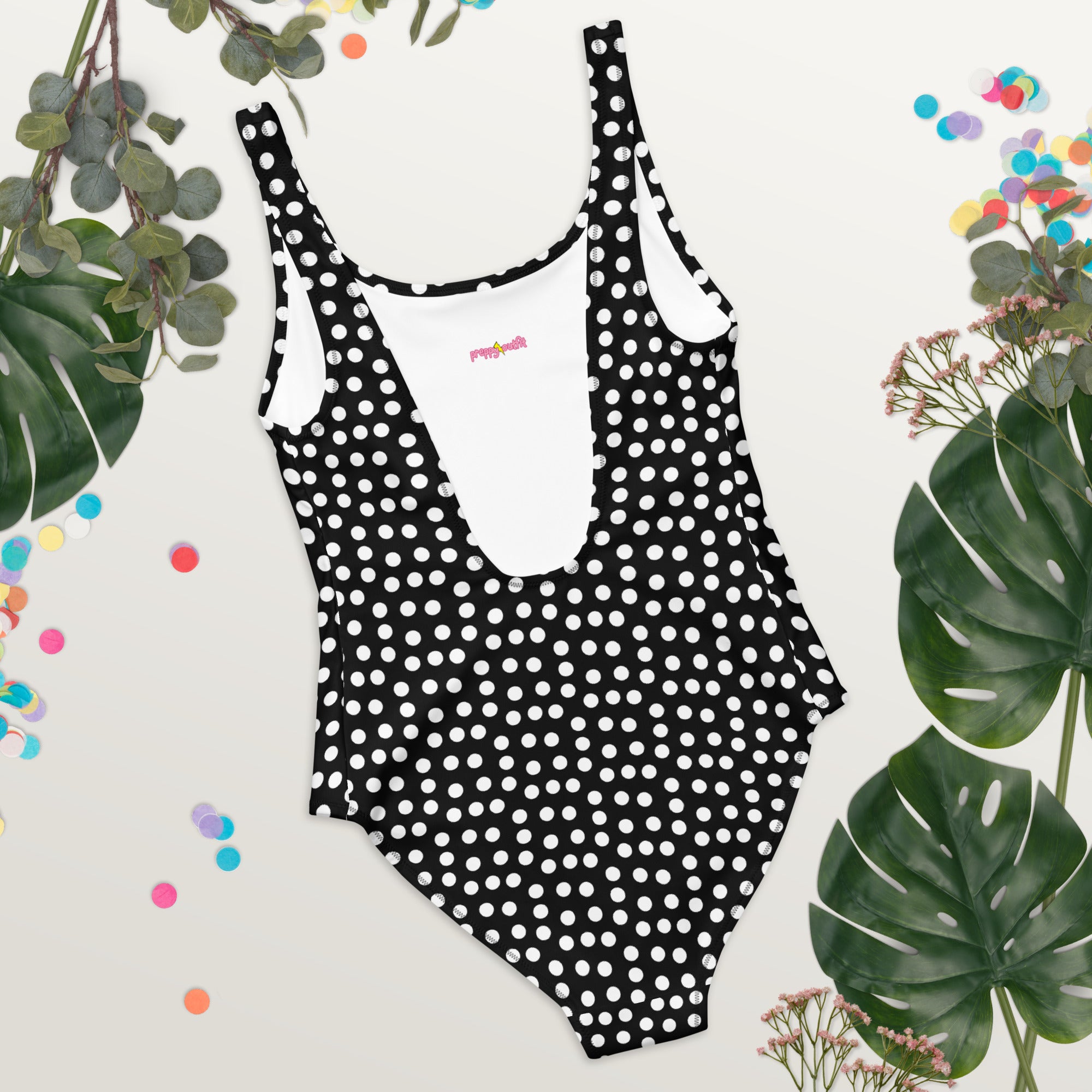 Vintage Preppy Style Black with White Polka Dot One-Piece Swimsuit